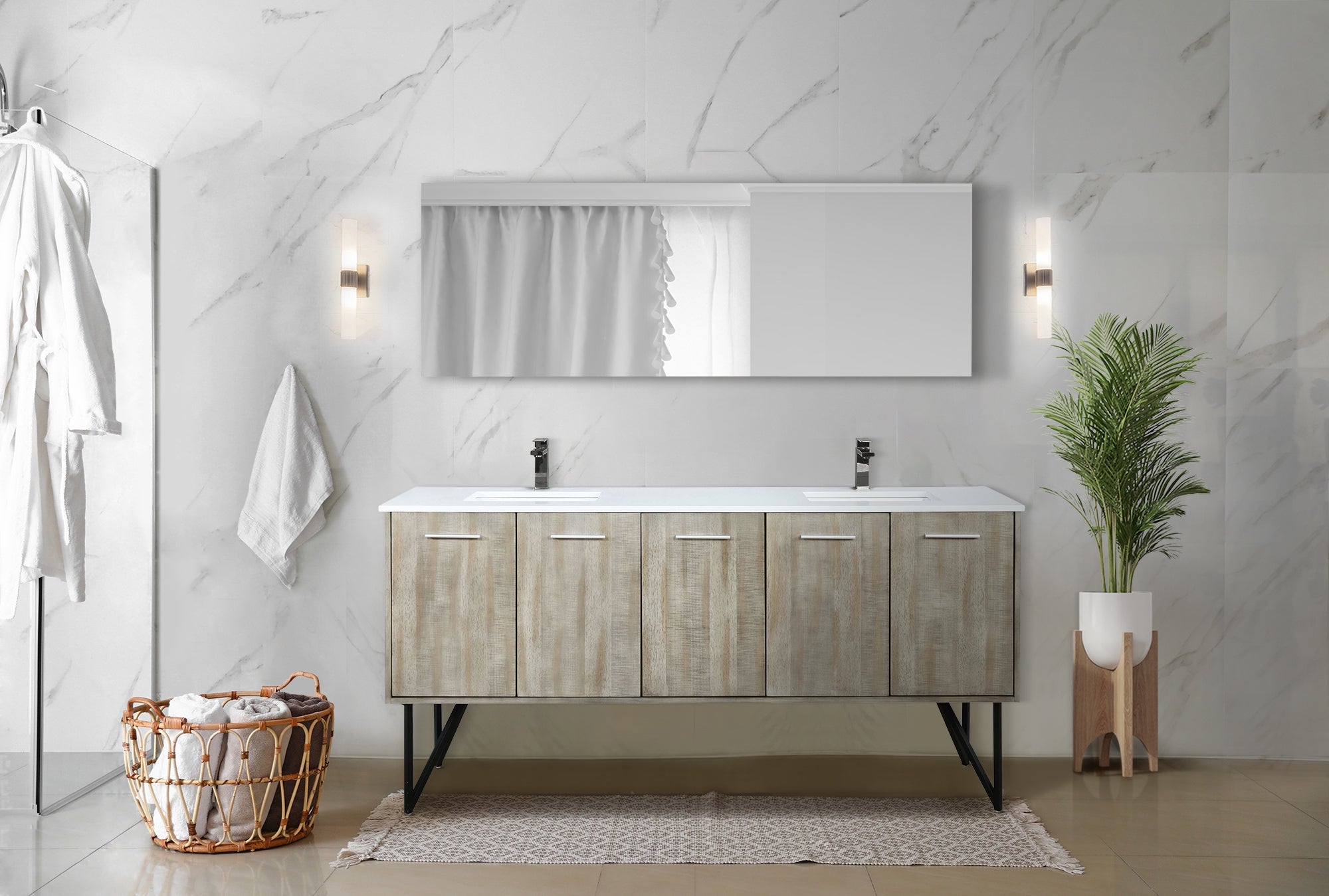 Lancy 72 in. Rustic Acacia  Freestanding Bathroom Vanity with White Quartz Top, White Square Sink, and Balzani Gun Metal Faucet Set