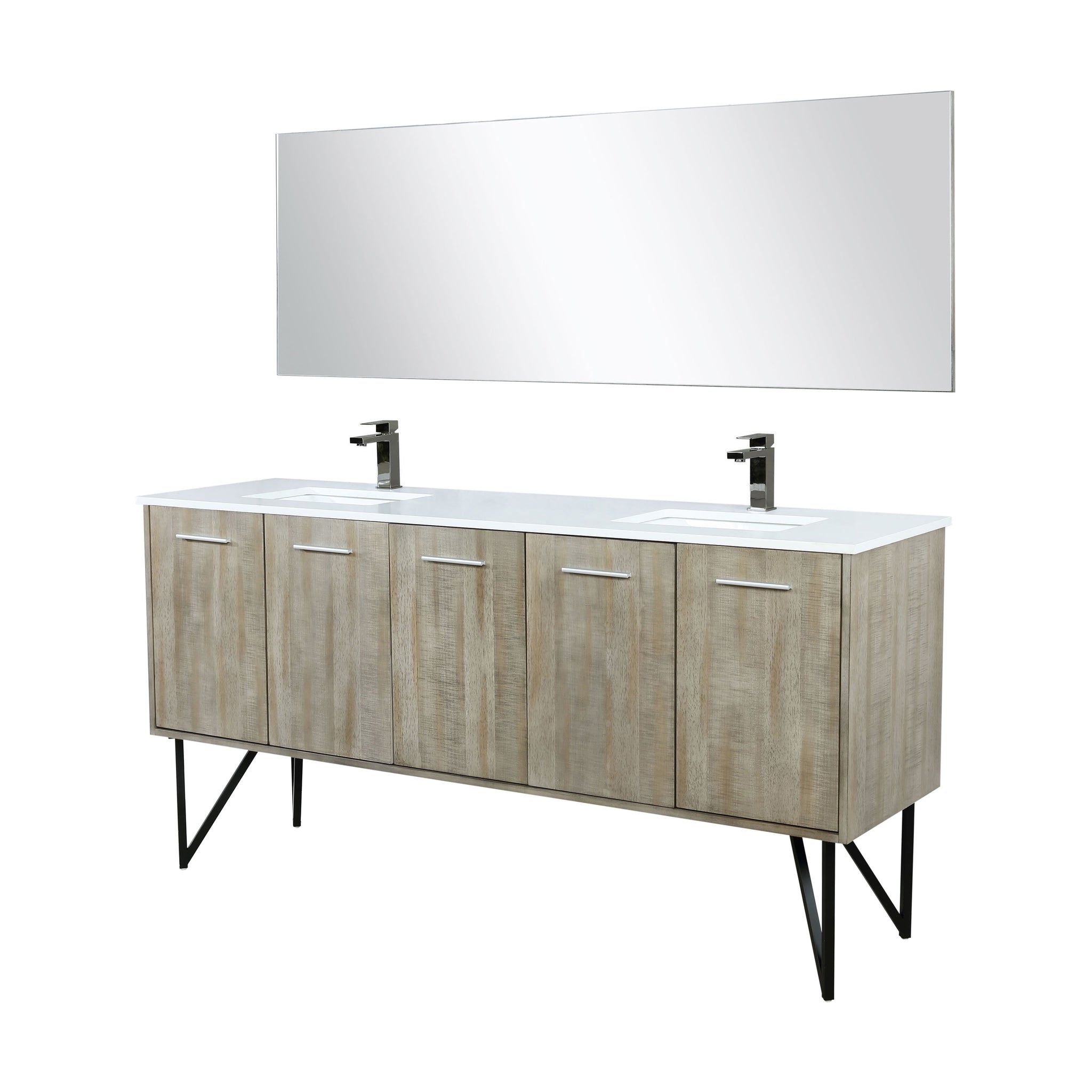 Lancy 72" Rustic Acacia Double Bathroom Vanity, White Quartz Top, White Square Sinks, Balzani Gun Metal Faucet Set, and 70" Frameless Mirror