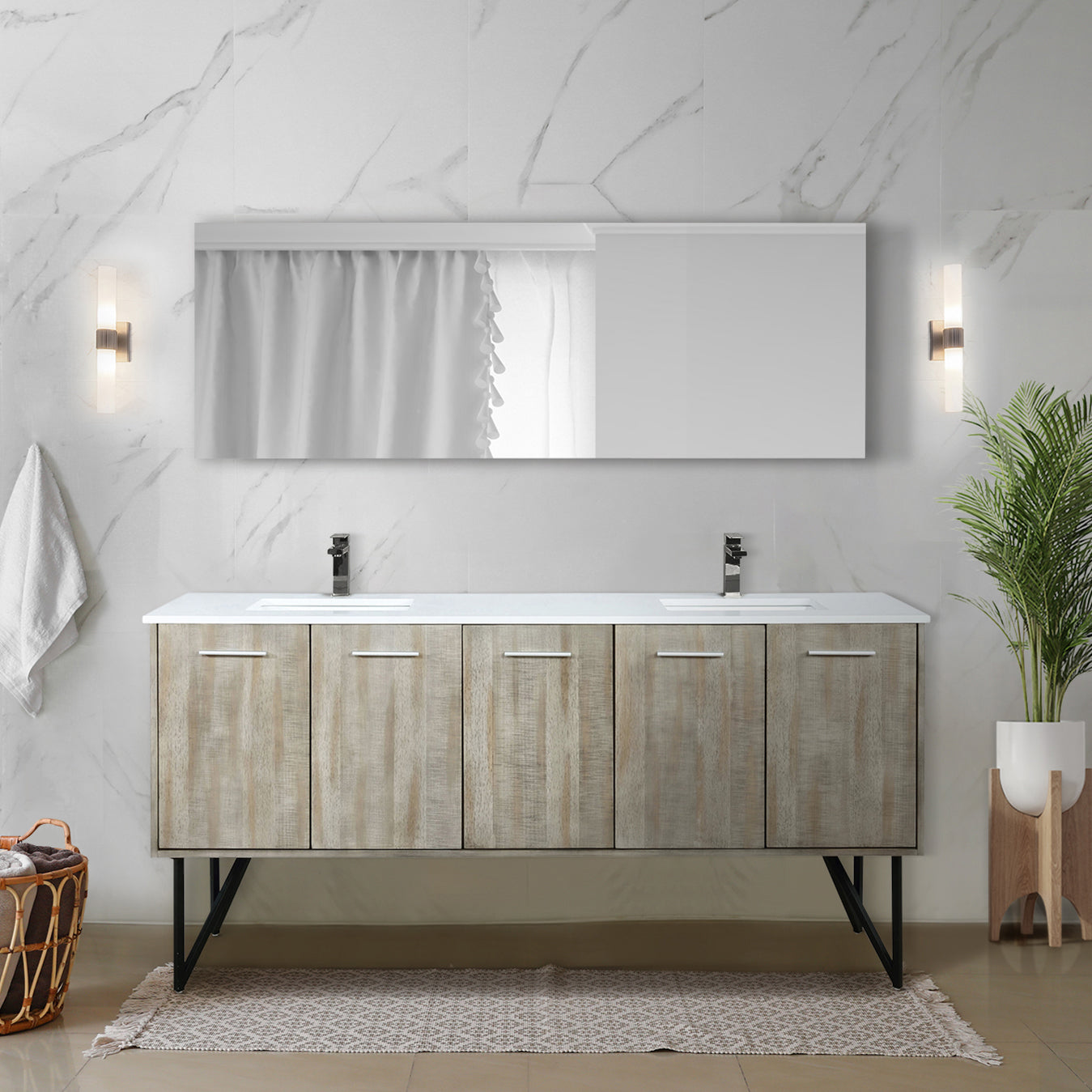 Lancy 72 in. Rustic Acacia  Freestanding Bathroom Vanity with White Quartz Top, White Square Sink, and Balzani Gun Metal Faucet Set