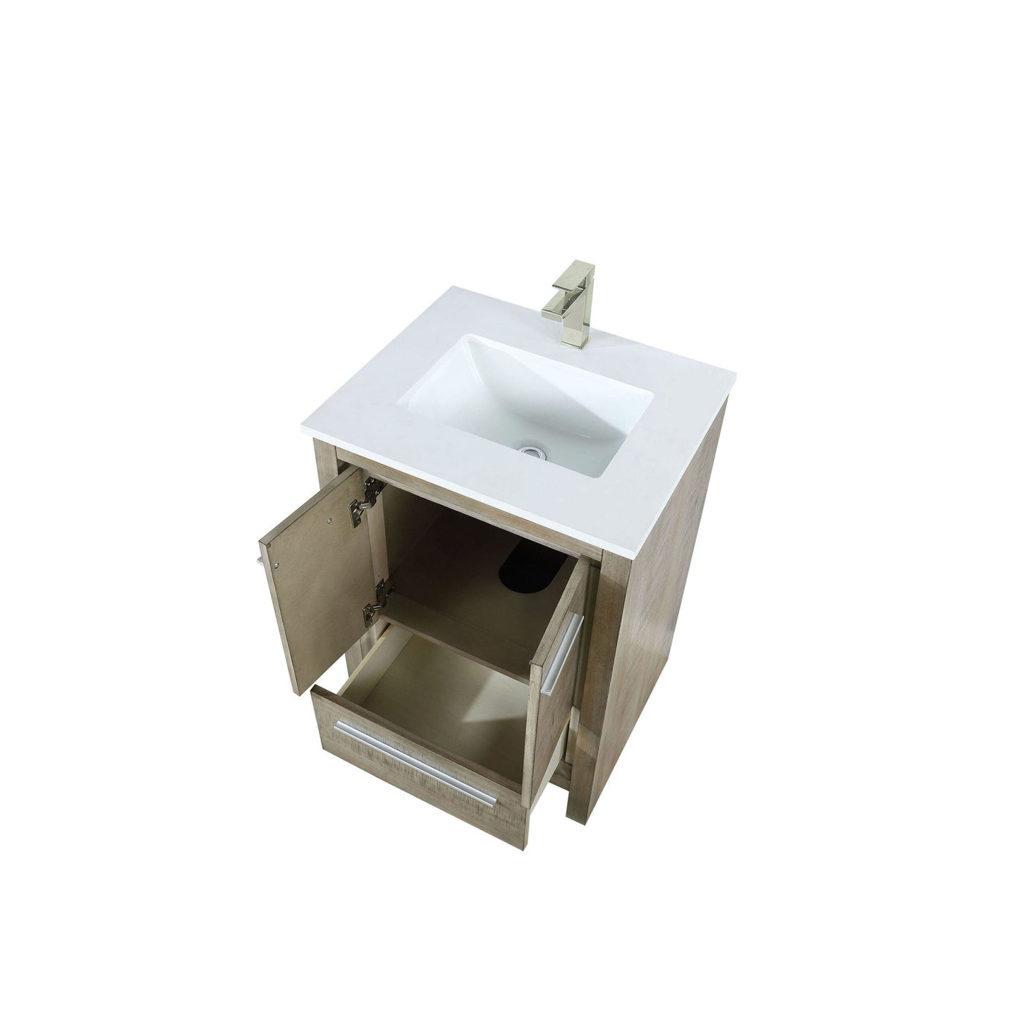 Lafarre 24 in. Rustic Acacia  Freestanding Bathroom Vanity with White Quartz Top, White Square Sink, and Labaro Brushed Nickel Faucet Set