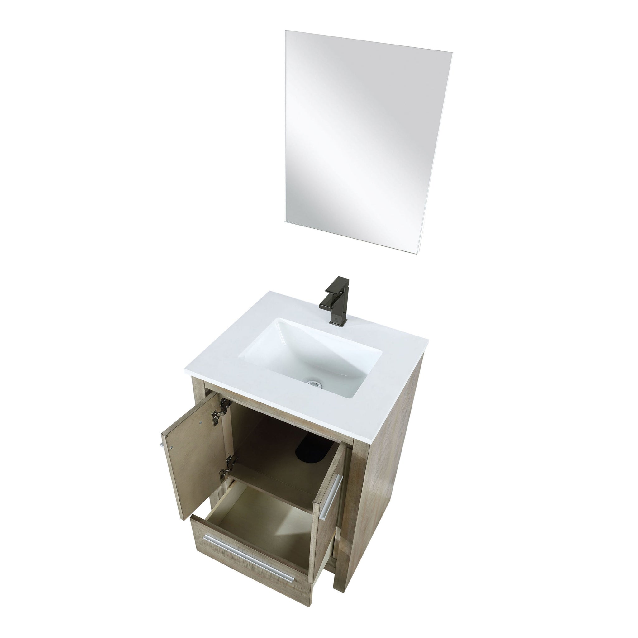 Lafarre 24" Rustic Acacia Bathroom Vanity, White Quartz Top, White Square Sink, Balzani Gun Metal Faucet Set, and 18" Frameless Mirror