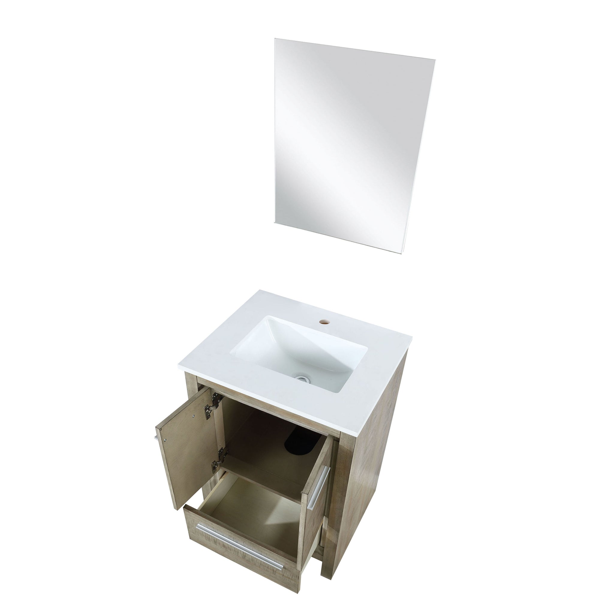 Lafarre 24" Rustic Acacia Bathroom Vanity, White Quartz Top, White Square Sink, and 18" Frameless Mirror