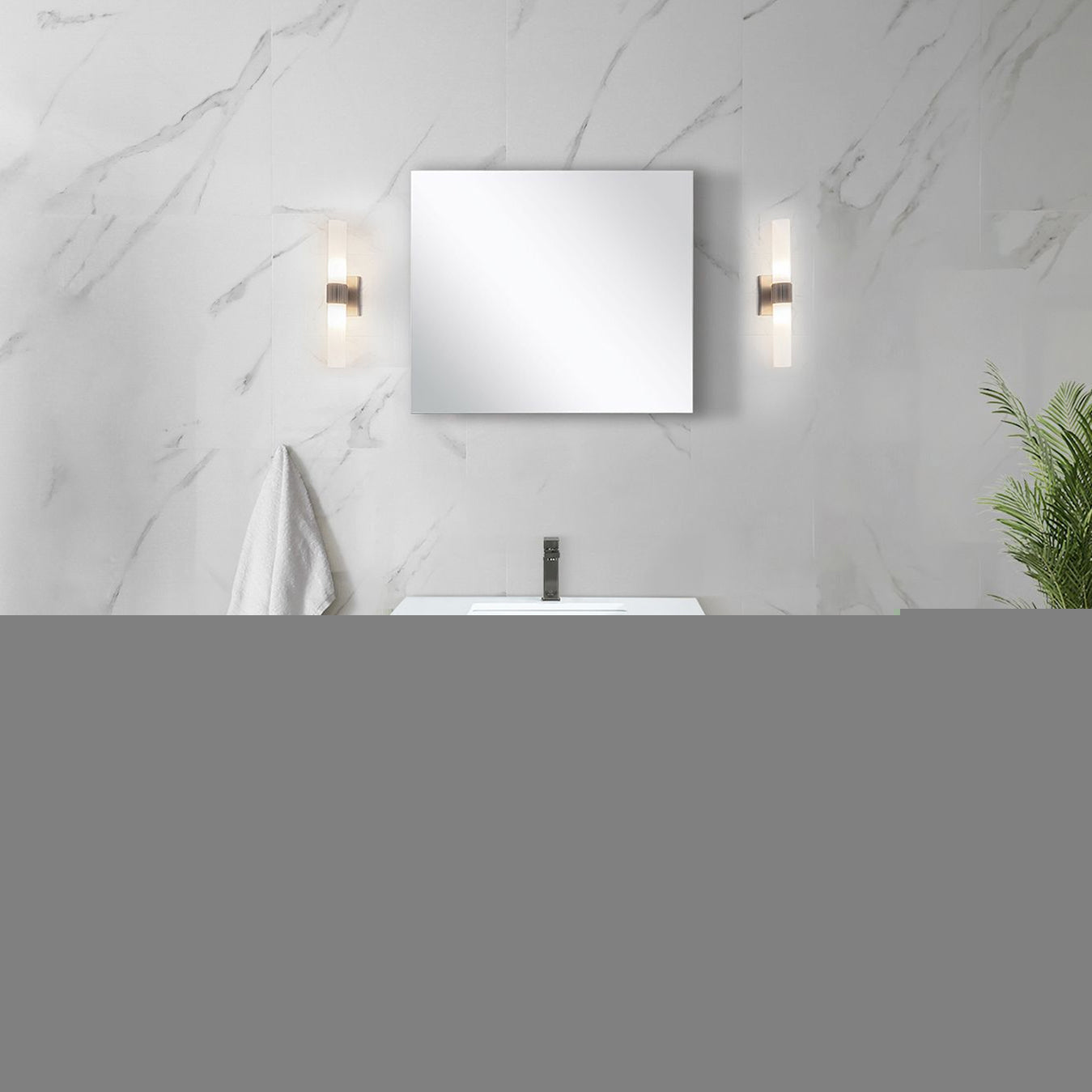 Lafarre 30" Rustic Acacia Bathroom Vanity, White Quartz Top, White Square Sink, Monte Chrome Faucet Set, and 28" Frameless Mirror
