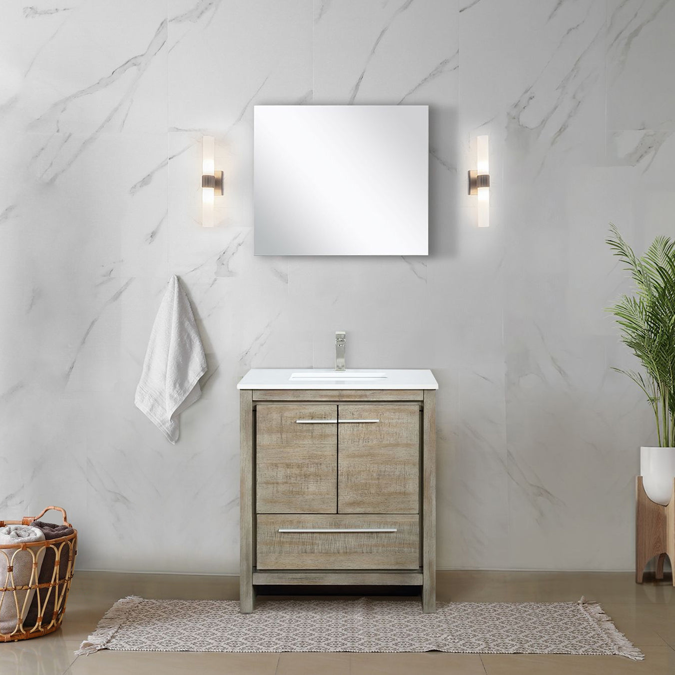 Lafarre 24 in. Rustic Acacia  Freestanding Bathroom Vanity with White Quartz Top, White Square Sink, and Labaro Brushed Nickel Faucet Set