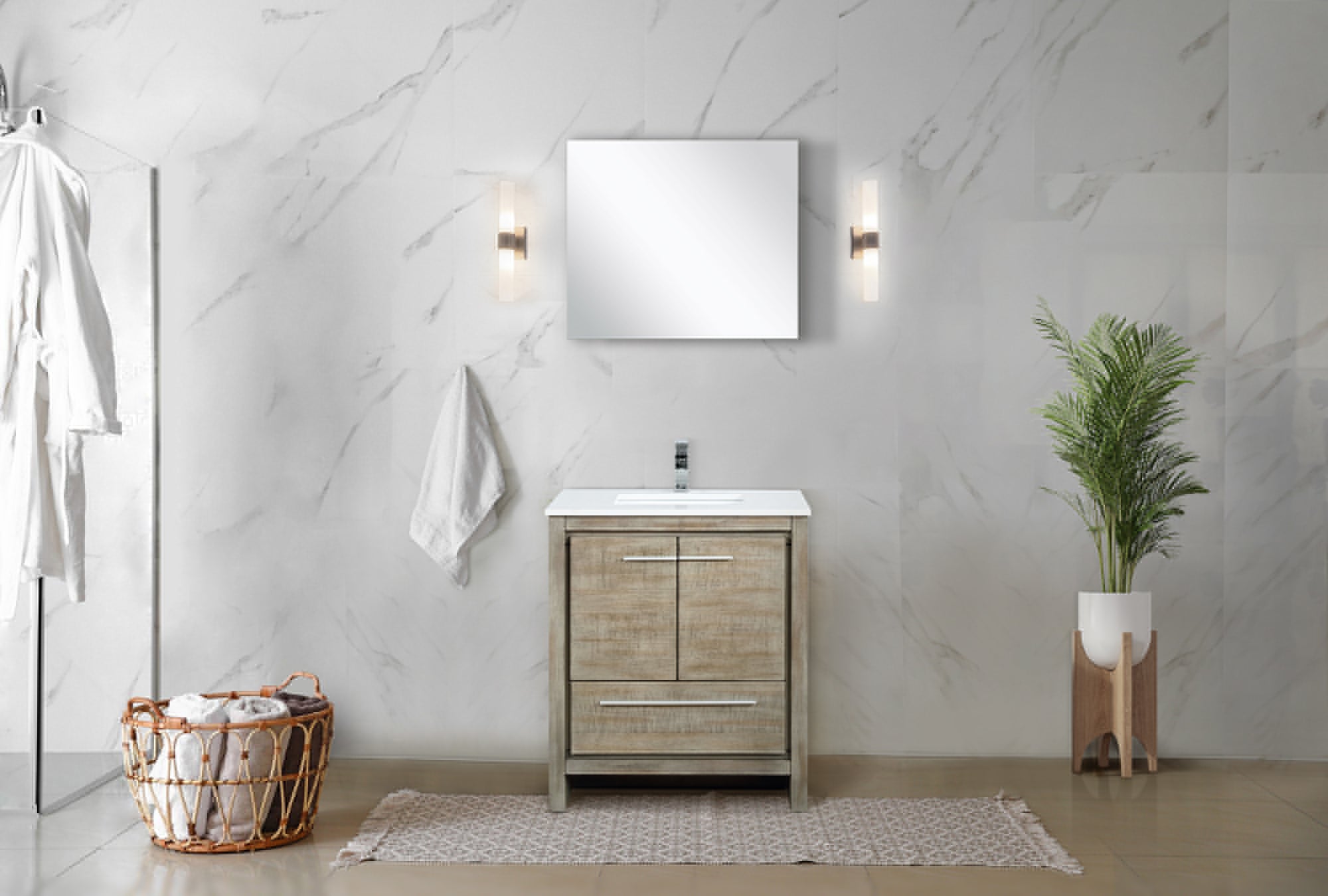 Lafarre 30" Rustic Acacia Bathroom Vanity, White Quartz Top, White Square Sink, Monte Chrome Faucet Set, and 28" Frameless Mirror