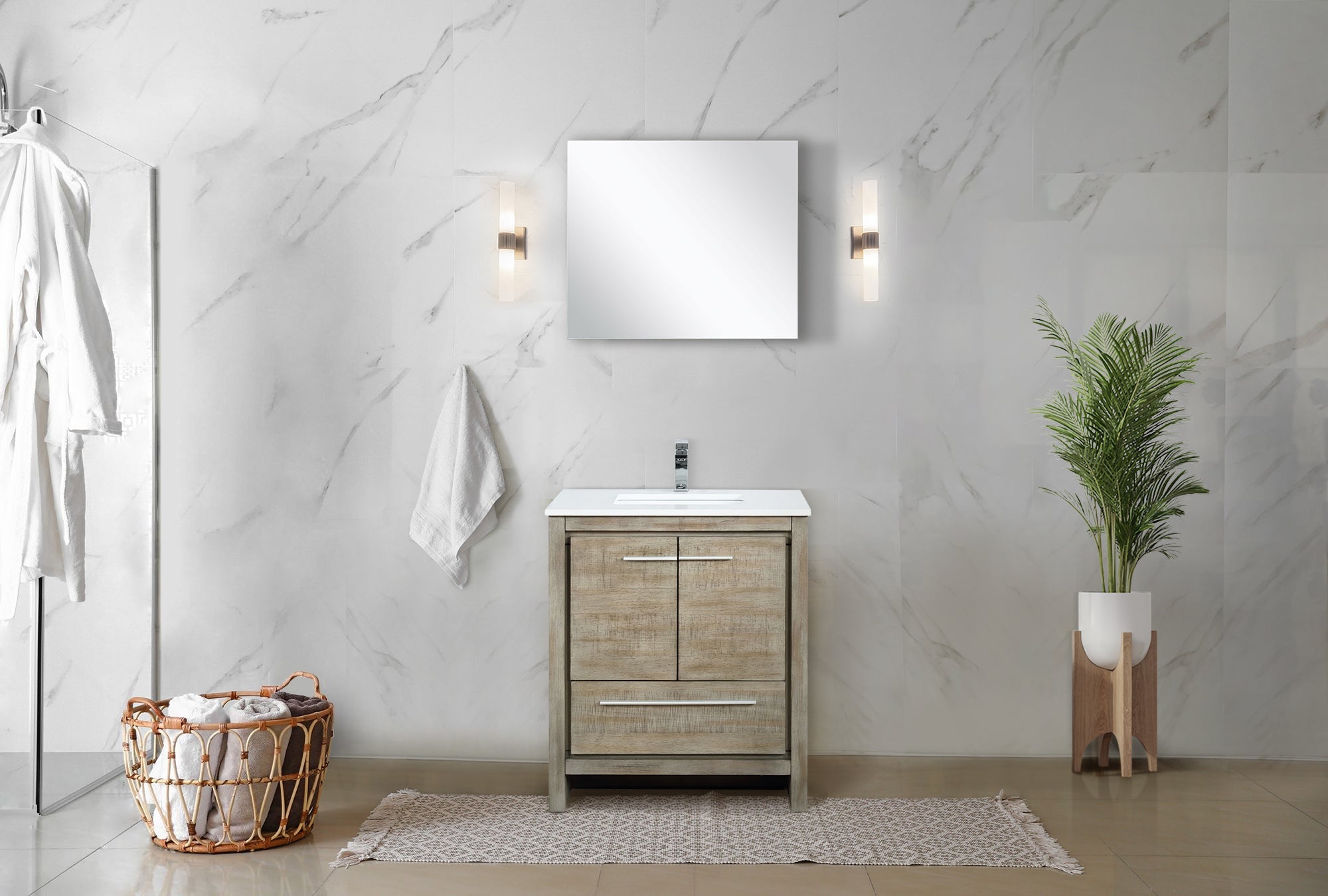 Lafarre 30 in. Rustic Acacia  Freestanding Bathroom Vanity with White Quartz Top, White Square Sink, and Monte Chrome Faucet Set
