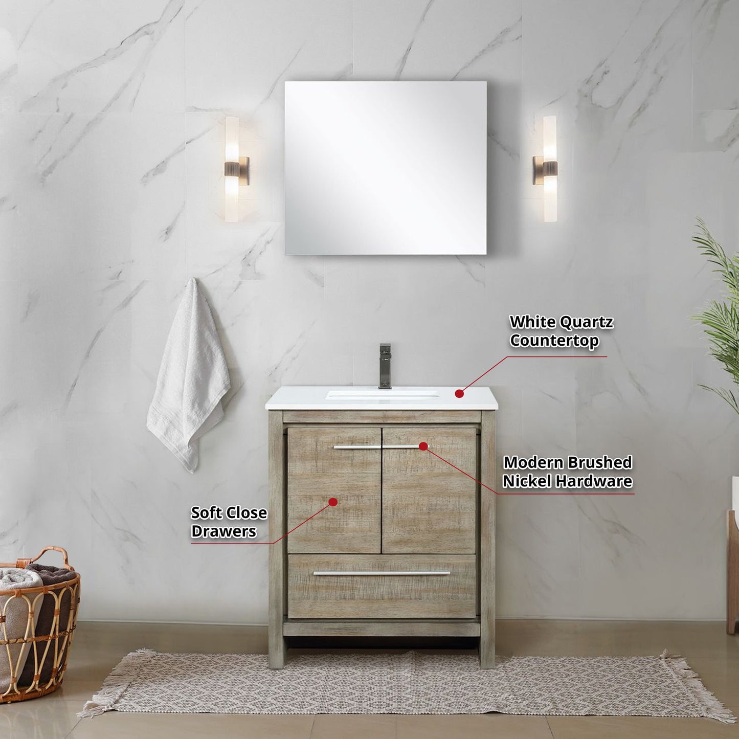 Lafarre 30" Rustic Acacia Bathroom Vanity, White Quartz Top, White Square Sink, Balzani Gun Metal Faucet Set, and 28" Frameless Mirror