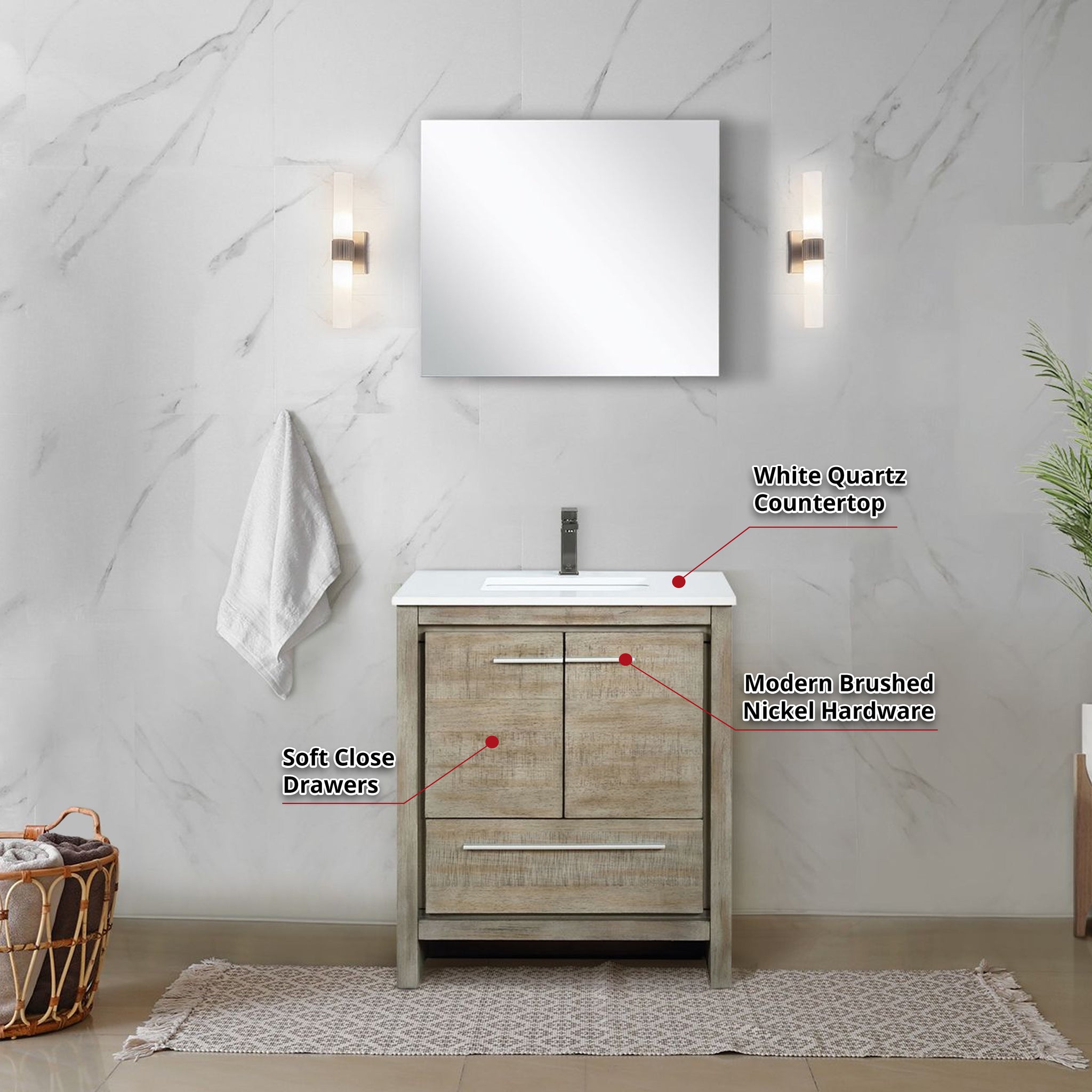 Lafarre 30" Rustic Acacia Bathroom Vanity, White Quartz Top, White Square Sink, Balzani Gun Metal Faucet Set, and 28" Frameless Mirror