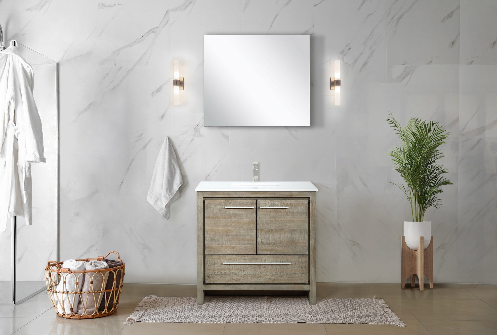 Lafarre 36" Rustic Acacia Bathroom Vanity, White Quartz Top, White Square Sink, and 28" Frameless Mirror