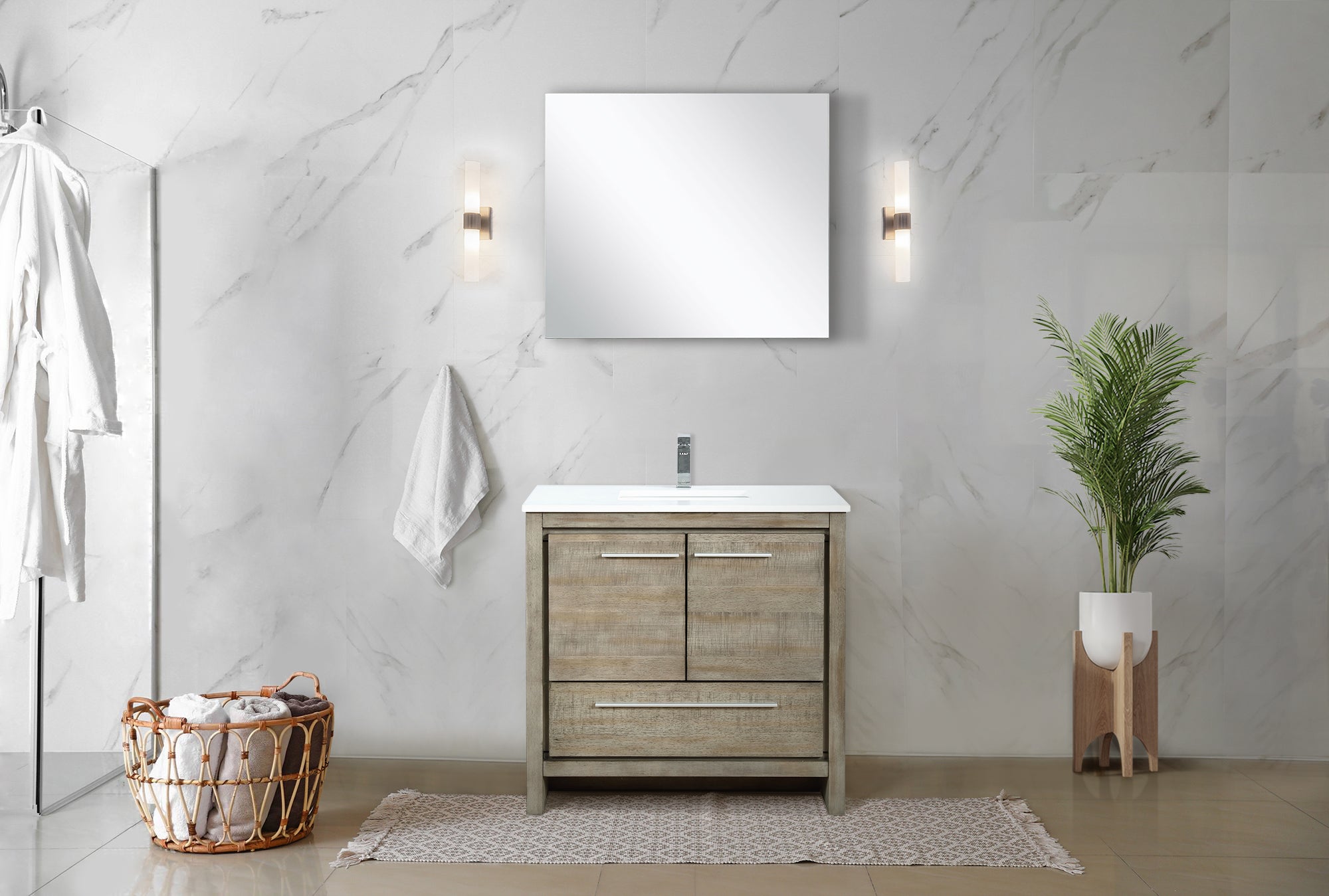 Lafarre 36" Rustic Acacia Bathroom Vanity, White Quartz Top, White Square Sink, Monte Chrome Faucet Set, and 28" Frameless Mirror