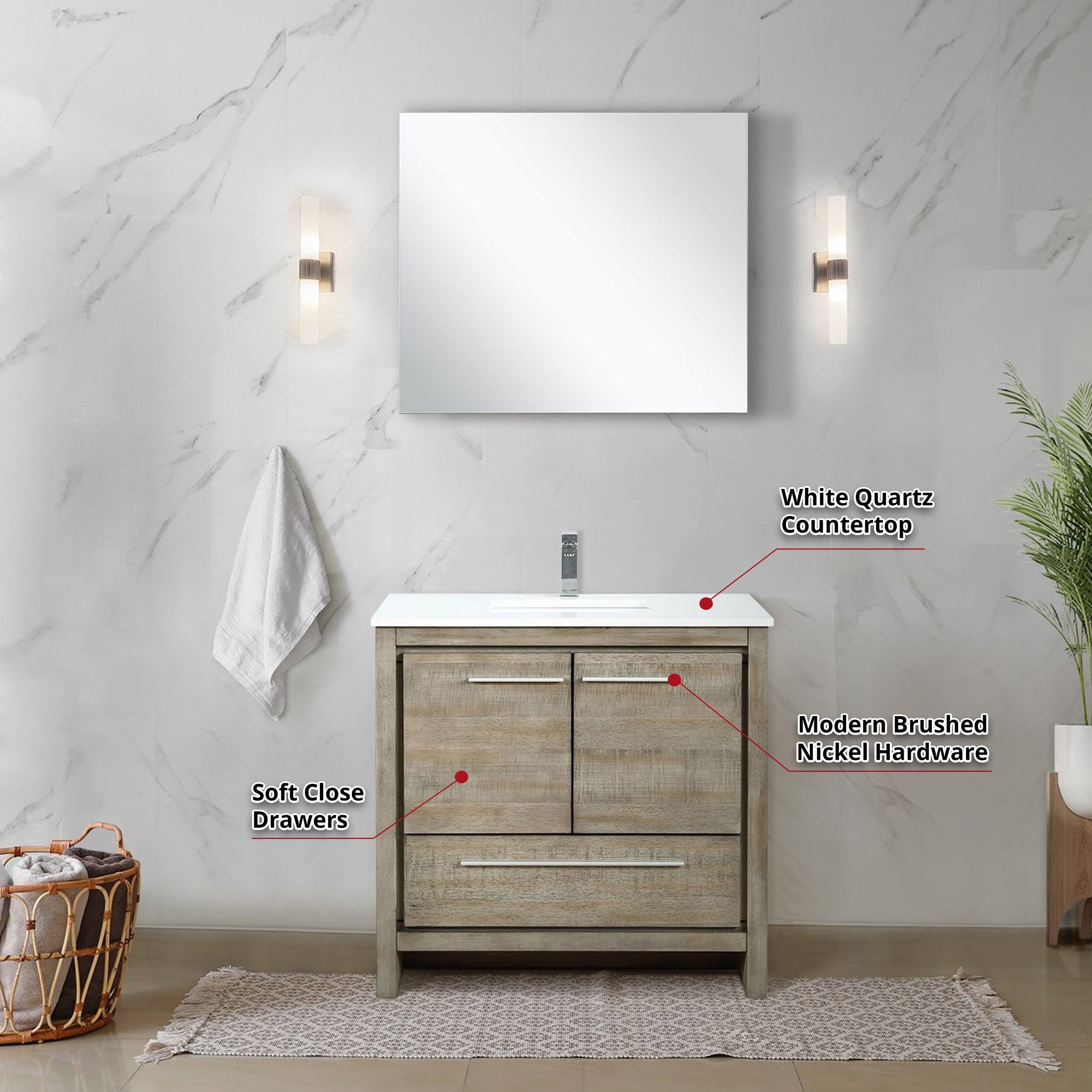 Lafarre 36" Rustic Acacia Bathroom Vanity, White Quartz Top, White Square Sink, Monte Chrome Faucet Set, and 28" Frameless Mirror