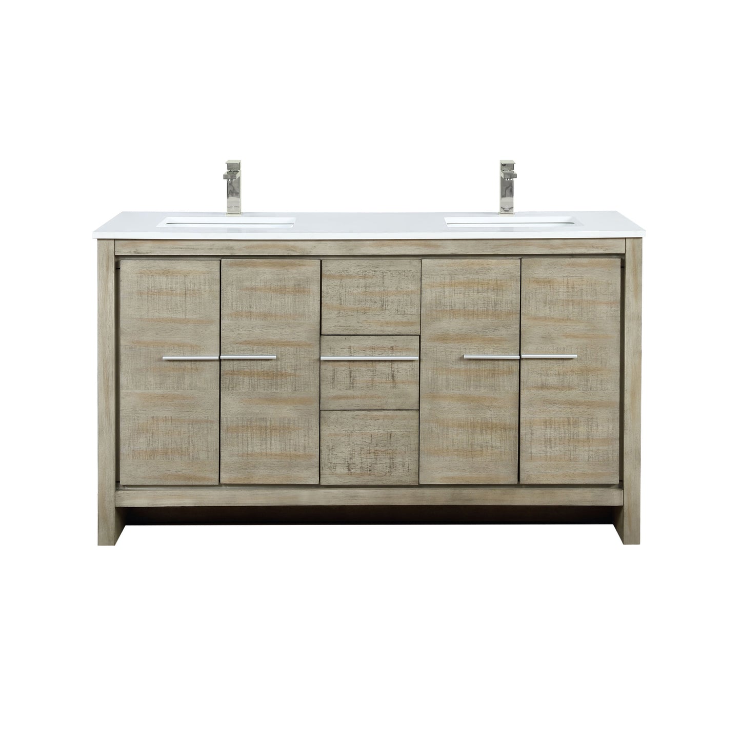Lafarre 60 in. Rustic Acacia  Freestanding Bathroom Vanity with White Quartz Top, White Square Sink, and Labaro Brushed Nickel Faucet Set