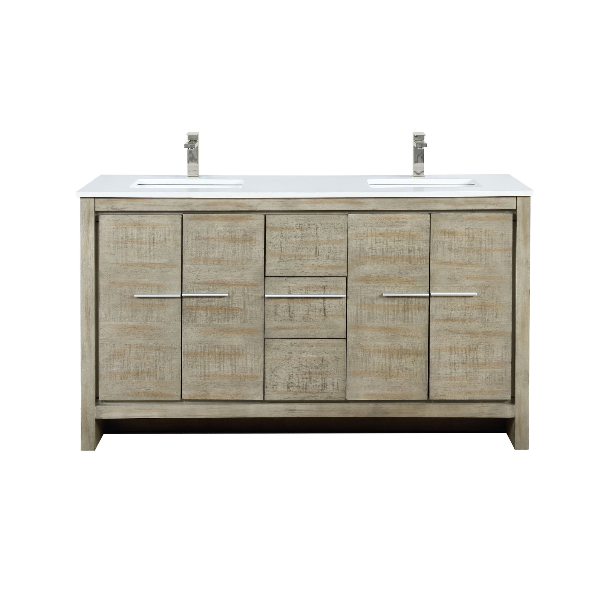 Lafarre 60 in. Rustic Acacia  Freestanding Bathroom Vanity with White Quartz Top, White Square Sink, and Labaro Brushed Nickel Faucet Set