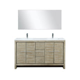 Lafarre 60" Rustic Acacia Double Bathroom Vanity, White Quartz Top, White Square Sinks, Monte Chrome Faucet Set, and 55" Frameless Mirror