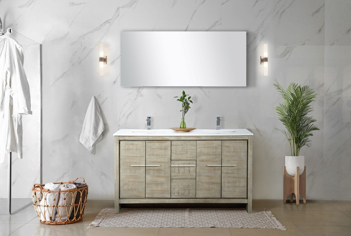 Lafarre 60" Rustic Acacia Double Bathroom Vanity, White Quartz Top, White Square Sinks, Monte Chrome Faucet Set, and 55" Frameless Mirror