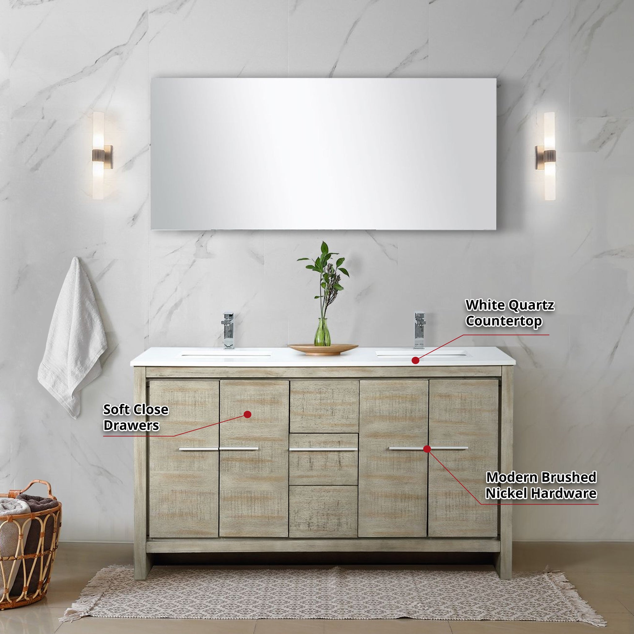 Lafarre 60 in. Rustic Acacia  Freestanding Bathroom Vanity with White Quartz Top, White Square Sink, and Balzani Gun Metal Faucet Set