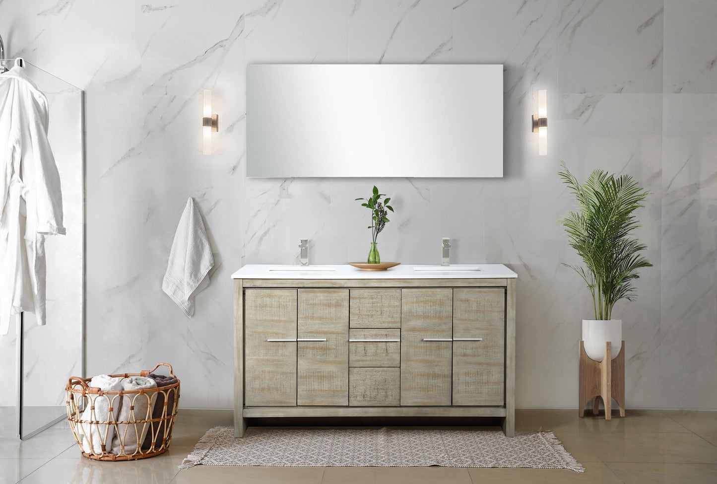 Lafarre 60" Rustic Acacia Double Bathroom Vanity, White Quartz Top, White Square Sinks, Labaro Brushed Nickel Faucet Set, and 55" Frameless Mirror