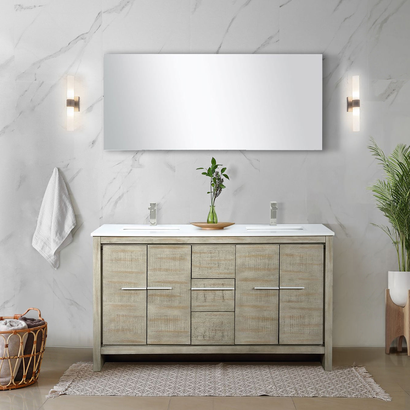 Lafarre 60 in. Rustic Acacia  Freestanding Bathroom Vanity with White Quartz Top, and White Square Sink