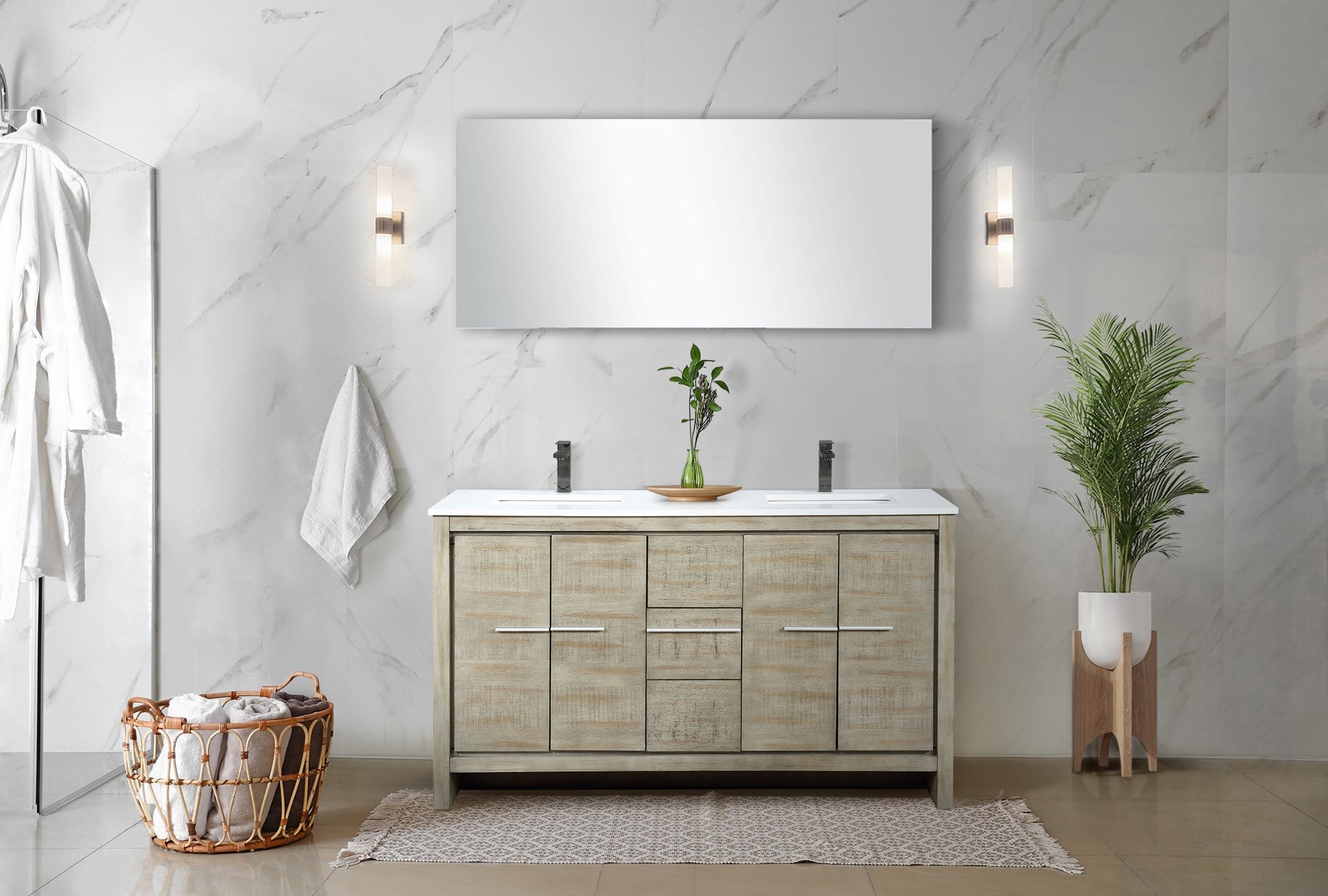 Lafarre 60" Rustic Acacia Double Bathroom Vanity, White Quartz Top, White Square Sinks, Balzani Gun Metal Faucet Set, and 55" Frameless Mirror