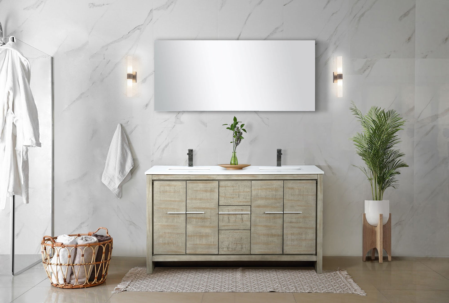 Lafarre 60 in. Rustic Acacia  Freestanding Bathroom Vanity with White Quartz Top, White Square Sink, and Balzani Gun Metal Faucet Set