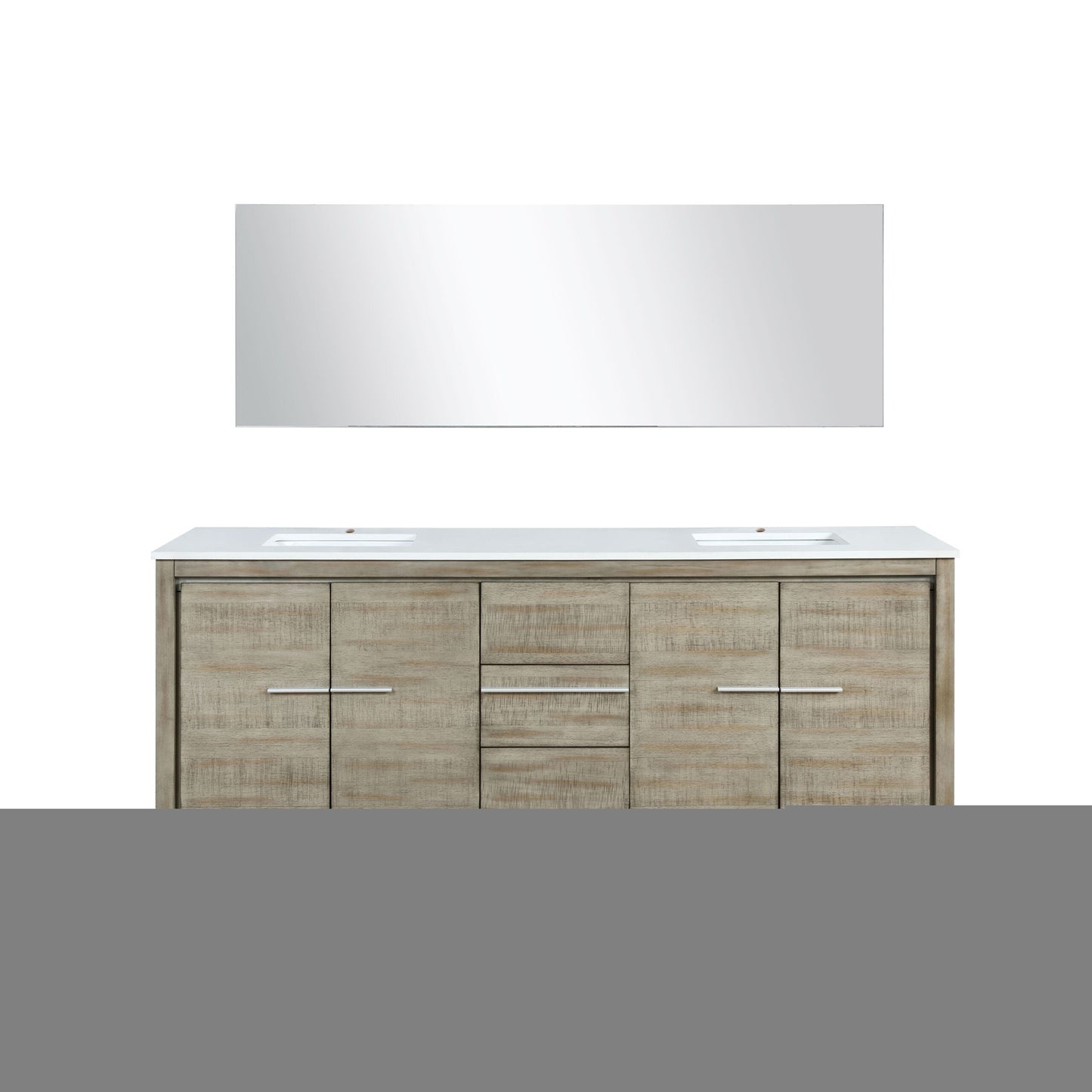 Lafarre 80" Rustic Acacia Double Bathroom Vanity, White Quartz Top, White Square Sinks, and 70" Frameless Mirror