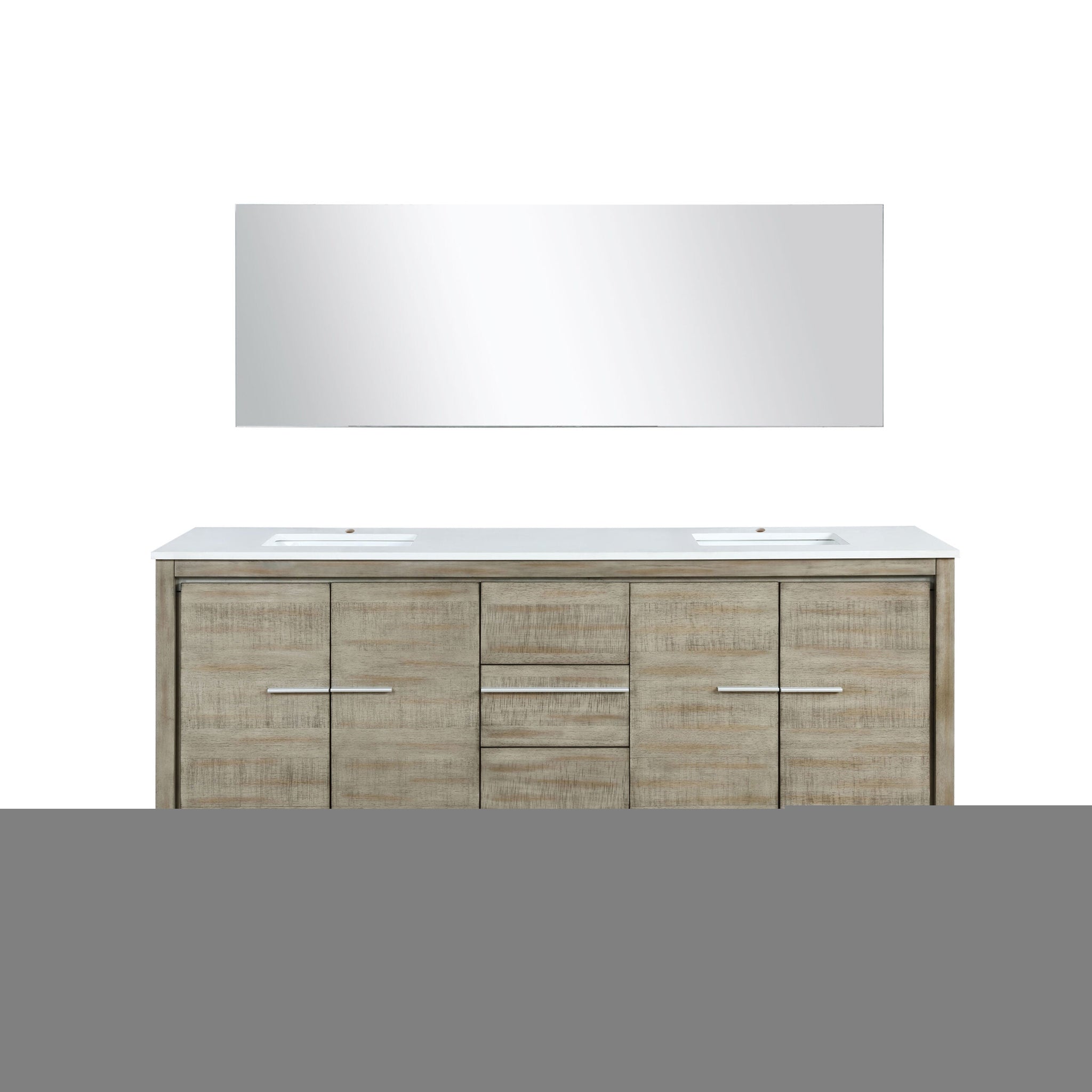 Lafarre 80" Rustic Acacia Double Bathroom Vanity, White Quartz Top, White Square Sinks, and 70" Frameless Mirror