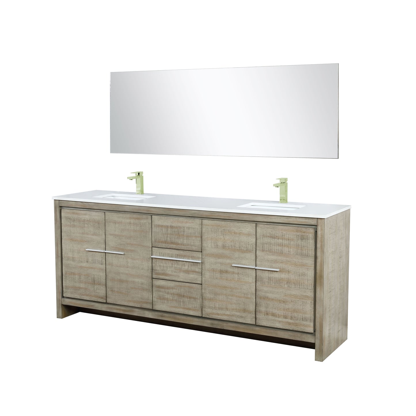 Lafarre 80" Rustic Acacia Double Bathroom Vanity, White Quartz Top, White Square Sinks, Labaro Brushed Nickel Faucet Set, and 70" Frameless Mirror