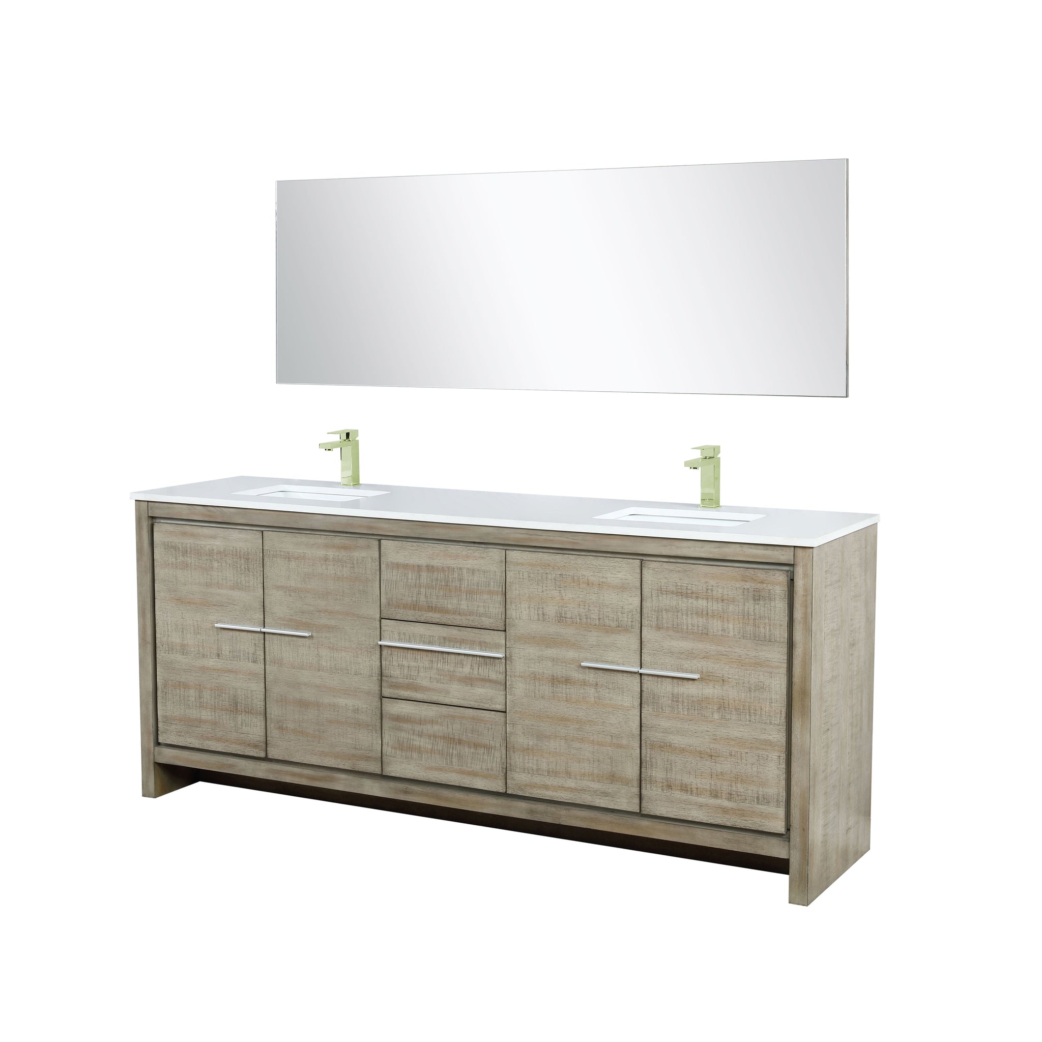 Lafarre 80" Rustic Acacia Double Bathroom Vanity, White Quartz Top, White Square Sinks, Labaro Brushed Nickel Faucet Set, and 70" Frameless Mirror