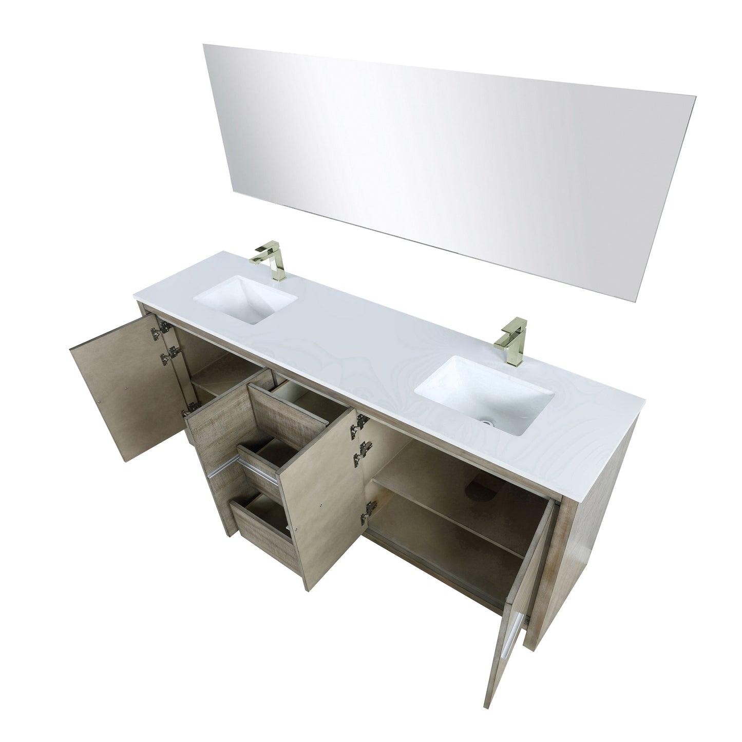 Lafarre 80" Rustic Acacia Double Bathroom Vanity, White Quartz Top, White Square Sinks, Labaro Brushed Nickel Faucet Set, and 70" Frameless Mirror
