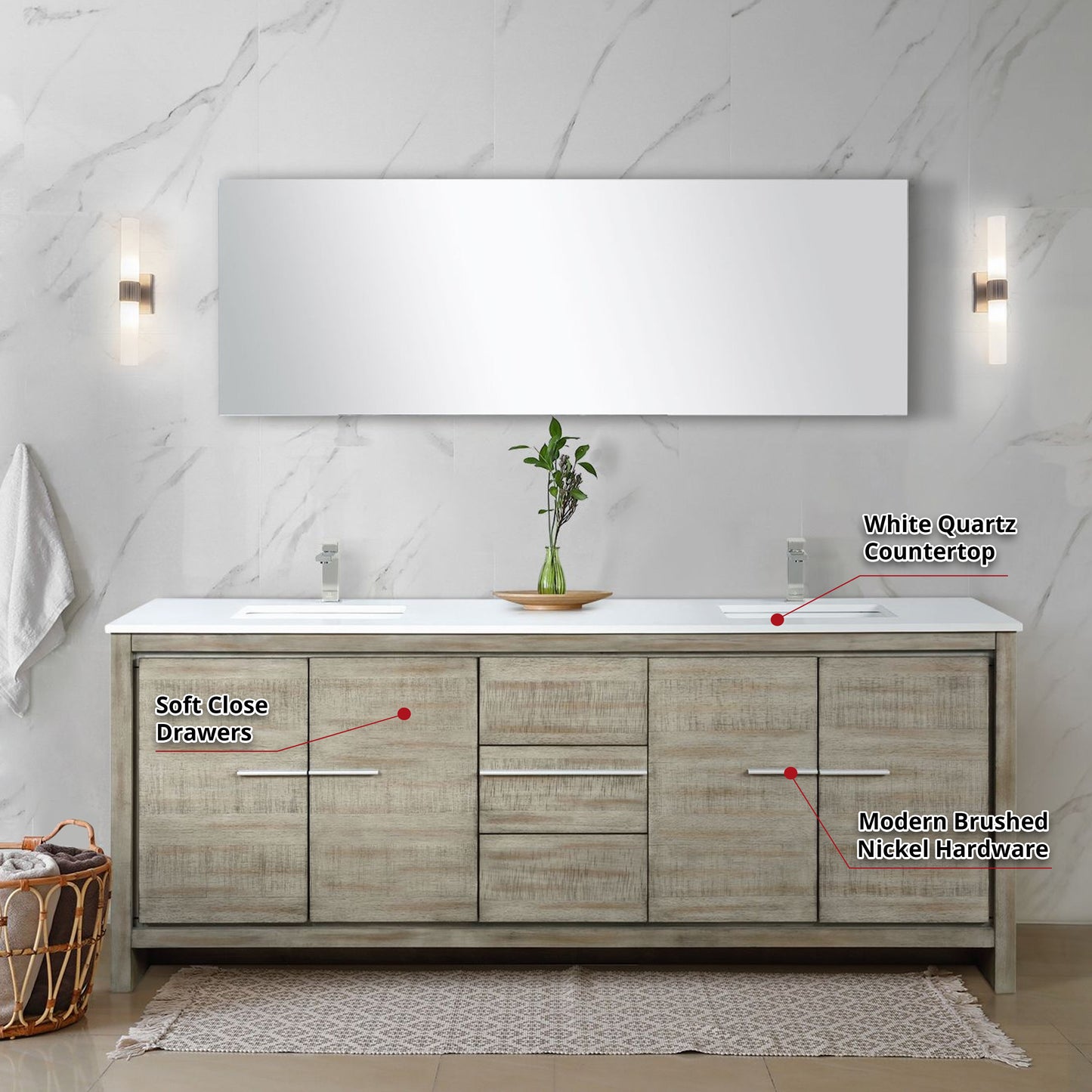 Lafarre 80 in. Rustic Acacia  Freestanding Bathroom Vanity with White Quartz Top, White Square Sink, and Labaro Brushed Nickel Faucet Set