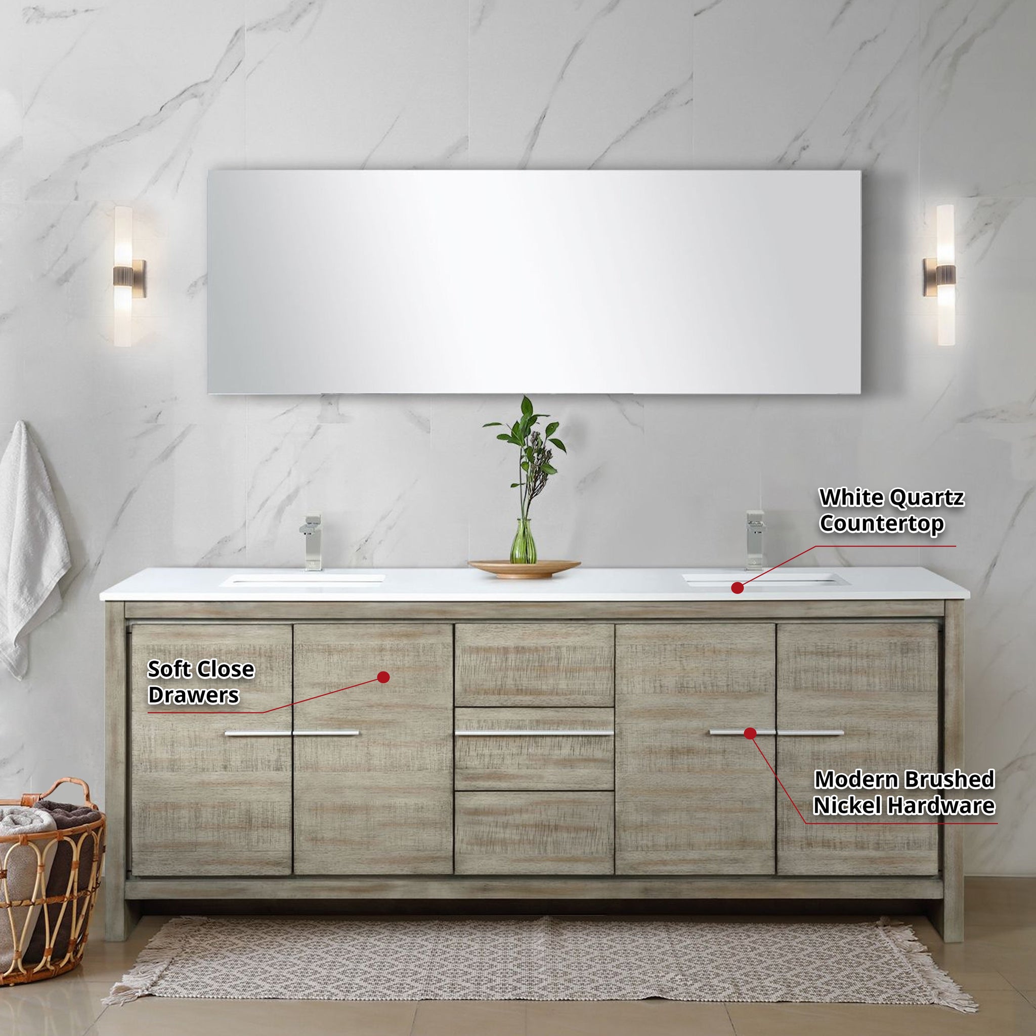 Lafarre 80 in. Rustic Acacia  Freestanding Bathroom Vanity with White Quartz Top, White Square Sink, and Labaro Brushed Nickel Faucet Set