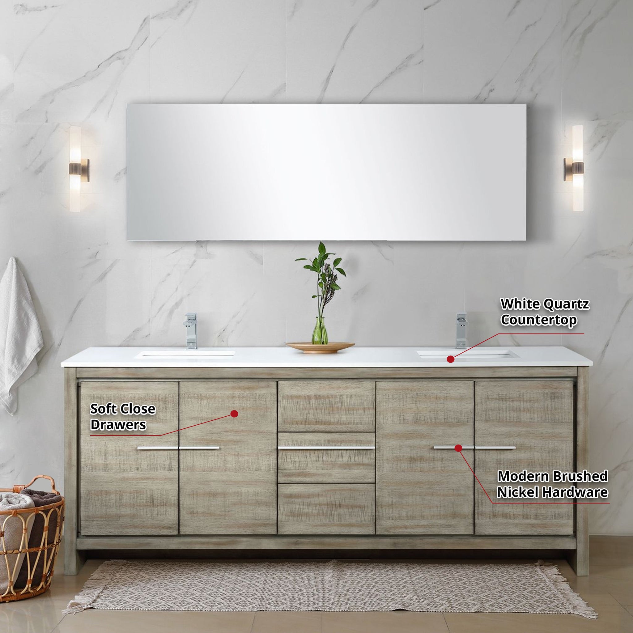 Lafarre 80" Rustic Acacia Double Bathroom Vanity, White Quartz Top, White Square Sinks, Monte Chrome Faucet Set, and 70" Frameless Mirror