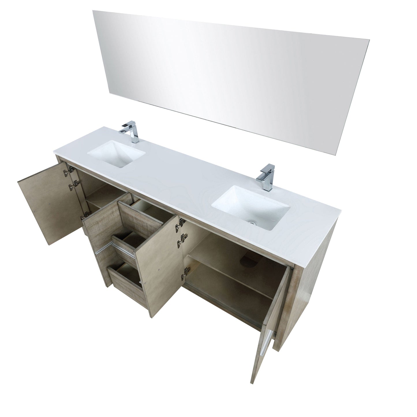 Lafarre 80" Rustic Acacia Double Bathroom Vanity, White Quartz Top, White Square Sinks, Monte Chrome Faucet Set, and 70" Frameless Mirror