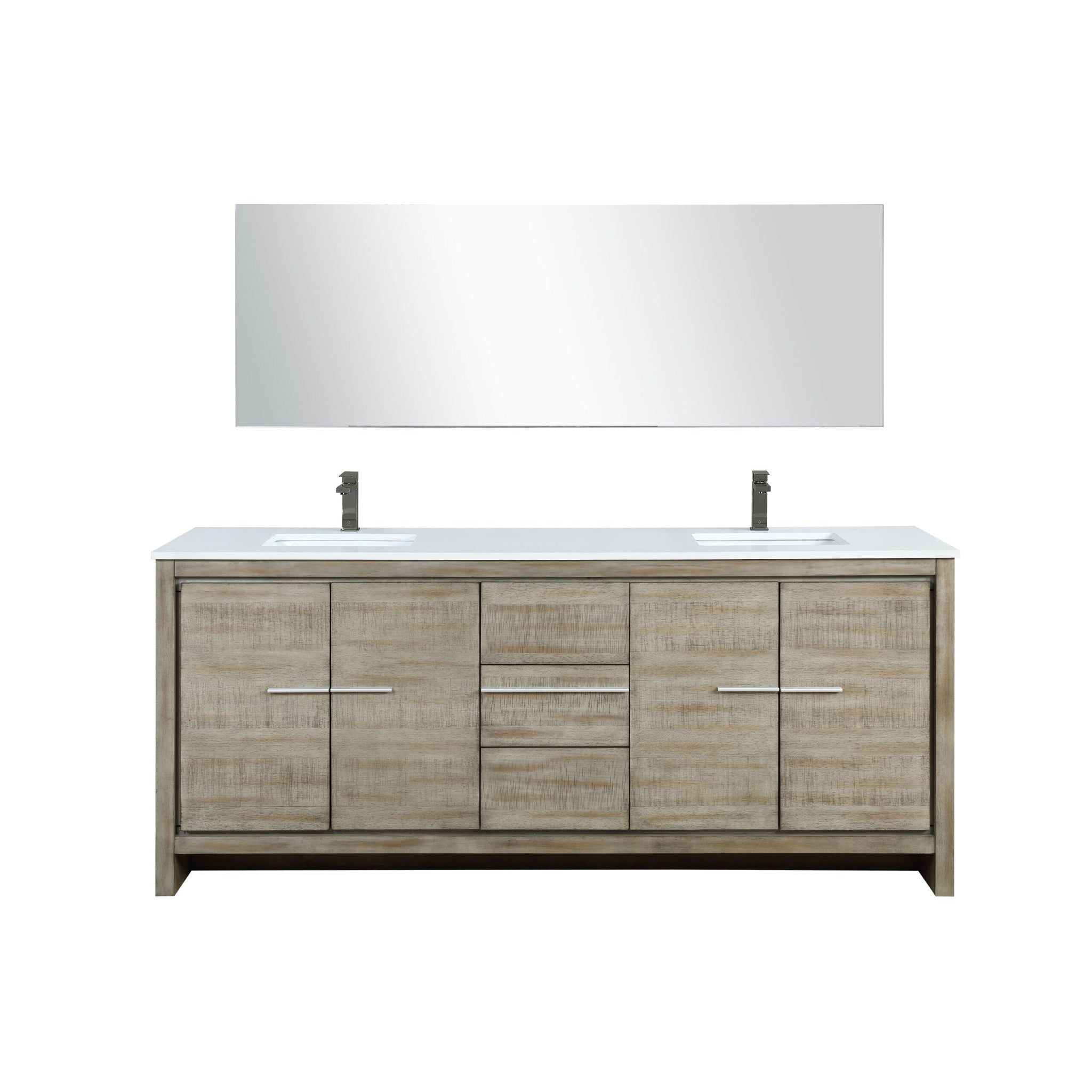 Lafarre 80" Rustic Acacia Double Bathroom Vanity, White Quartz Top, White Square Sinks, Balzani Gun Metal Faucet Set, and 70" Frameless Mirror