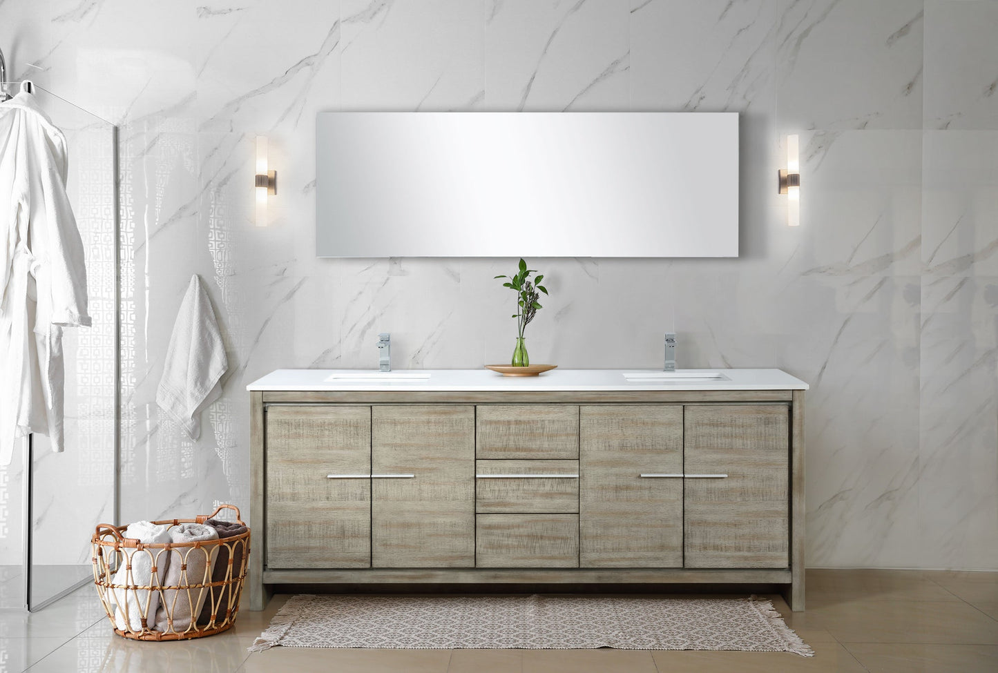 Lafarre 80" Rustic Acacia Double Bathroom Vanity, White Quartz Top, White Square Sinks, Monte Chrome Faucet Set, and 70" Frameless Mirror