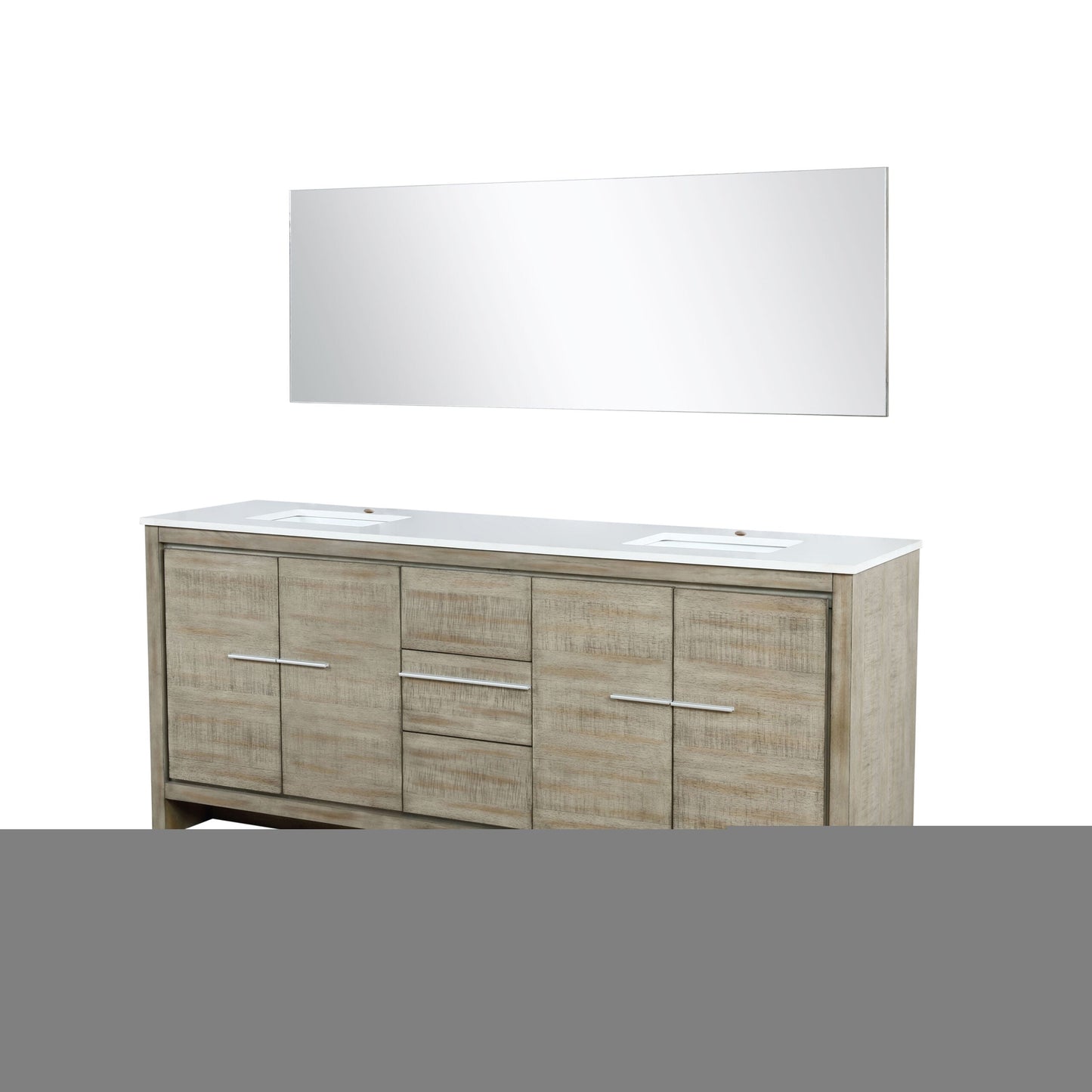 Lafarre 80" Rustic Acacia Double Bathroom Vanity, White Quartz Top, White Square Sinks, and 70" Frameless Mirror