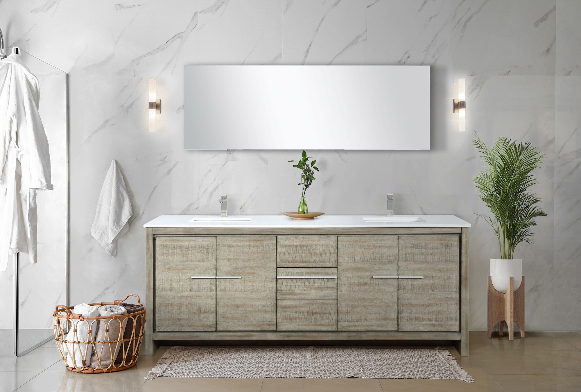 Lafarre 80" Rustic Acacia Double Bathroom Vanity, White Quartz Top, White Square Sinks, and 70" Frameless Mirror