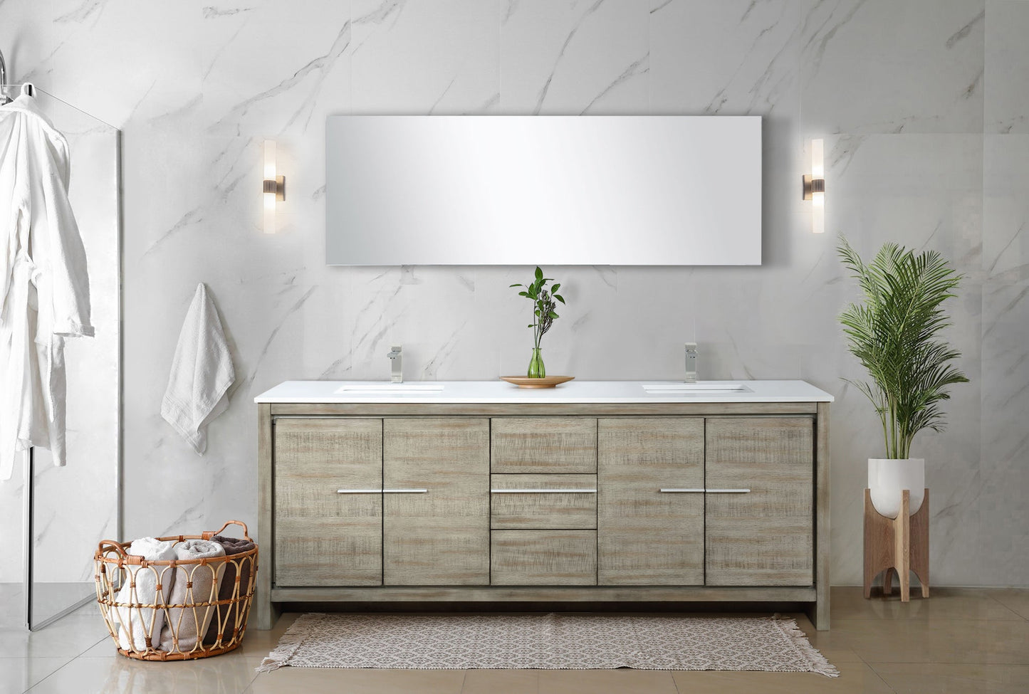 Lafarre 80 in. Rustic Acacia  Freestanding Bathroom Vanity with White Quartz Top, White Square Sink, and Labaro Brushed Nickel Faucet Set