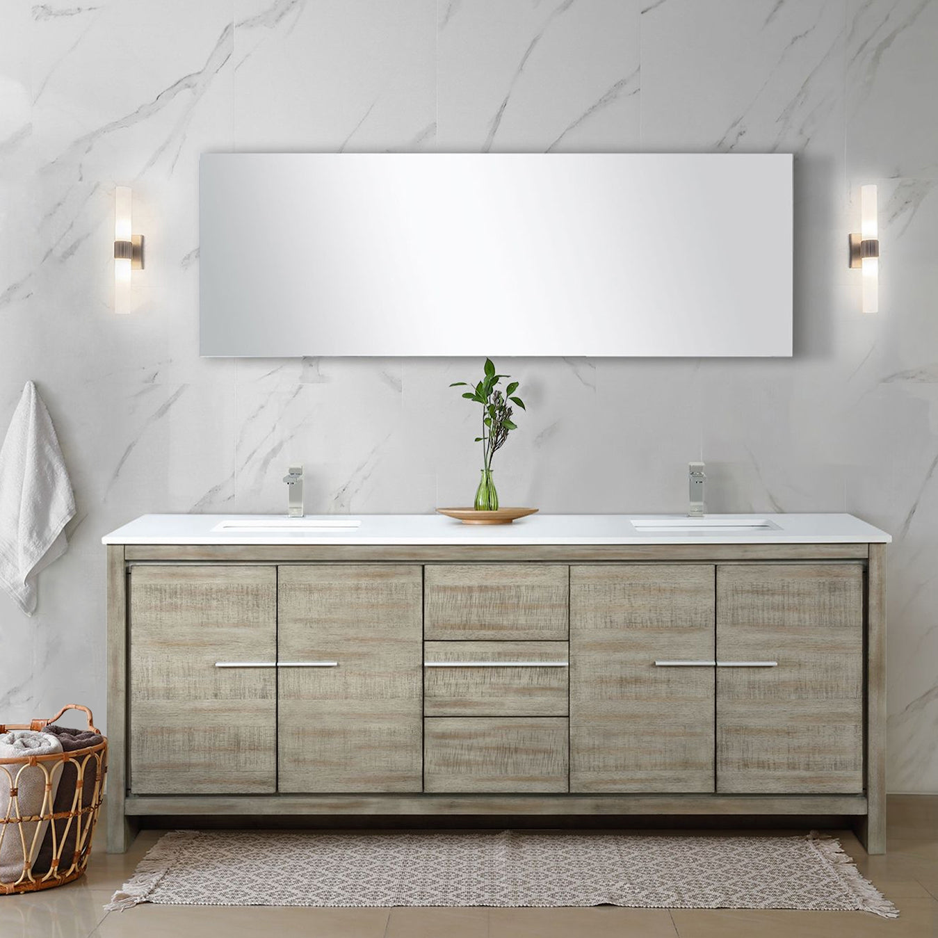 Lafarre 80" Rustic Acacia Double Bathroom Vanity, White Quartz Top, White Square Sinks, Labaro Brushed Nickel Faucet Set, and 70" Frameless Mirror