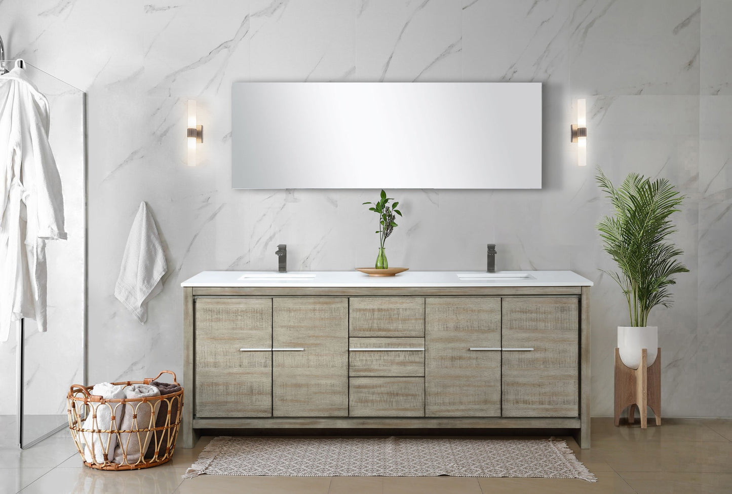 Lafarre 80 in. Rustic Acacia  Freestanding Bathroom Vanity with White Quartz Top, White Square Sink, and Balzani Gun Metal Faucet Set