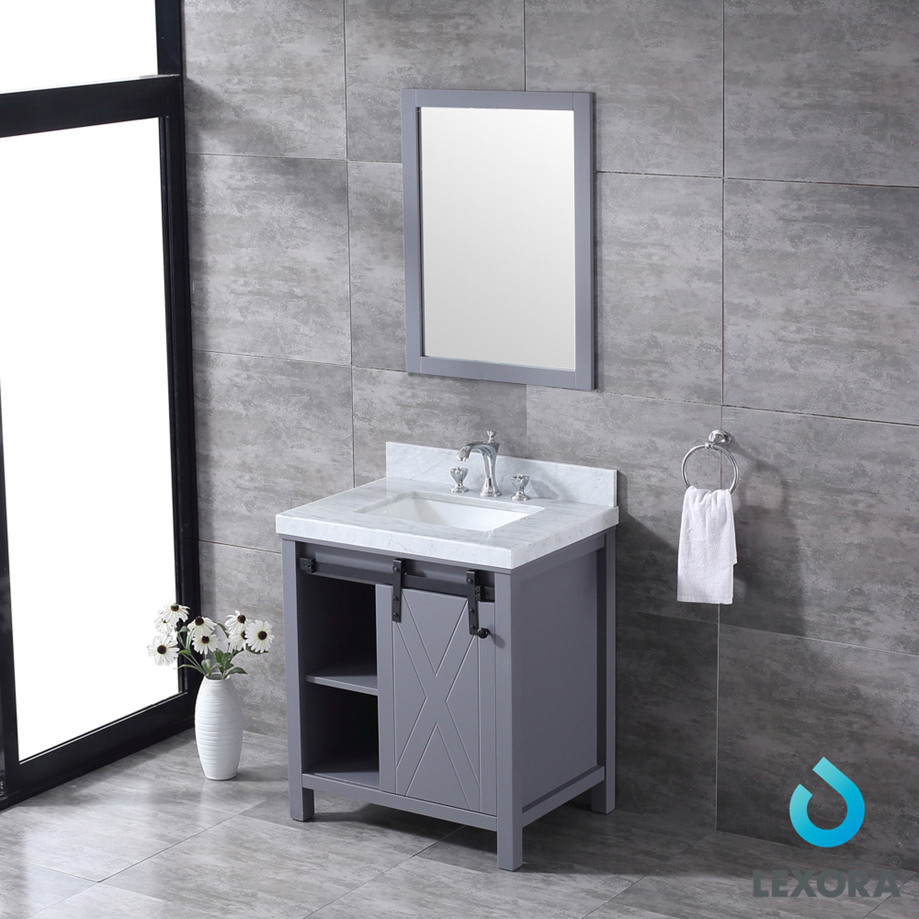 Marsyas 30" Dark Grey Single Vanity, White Carrara Marble Top, White Square Sink and 28" Mirror