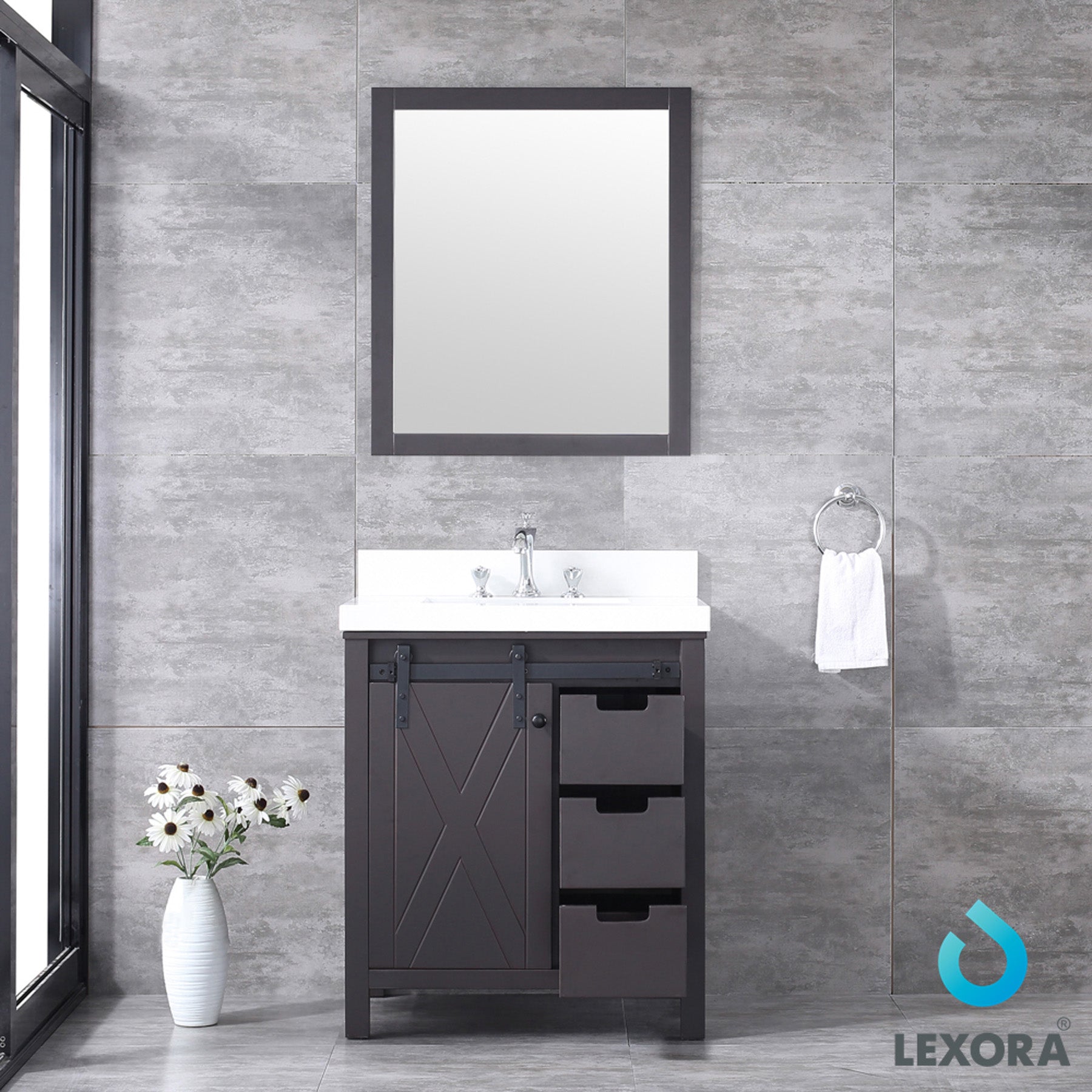 Marsyas 30" Brown Single Vanity, White Quartz Top, White Square Sink and 28" Mirror