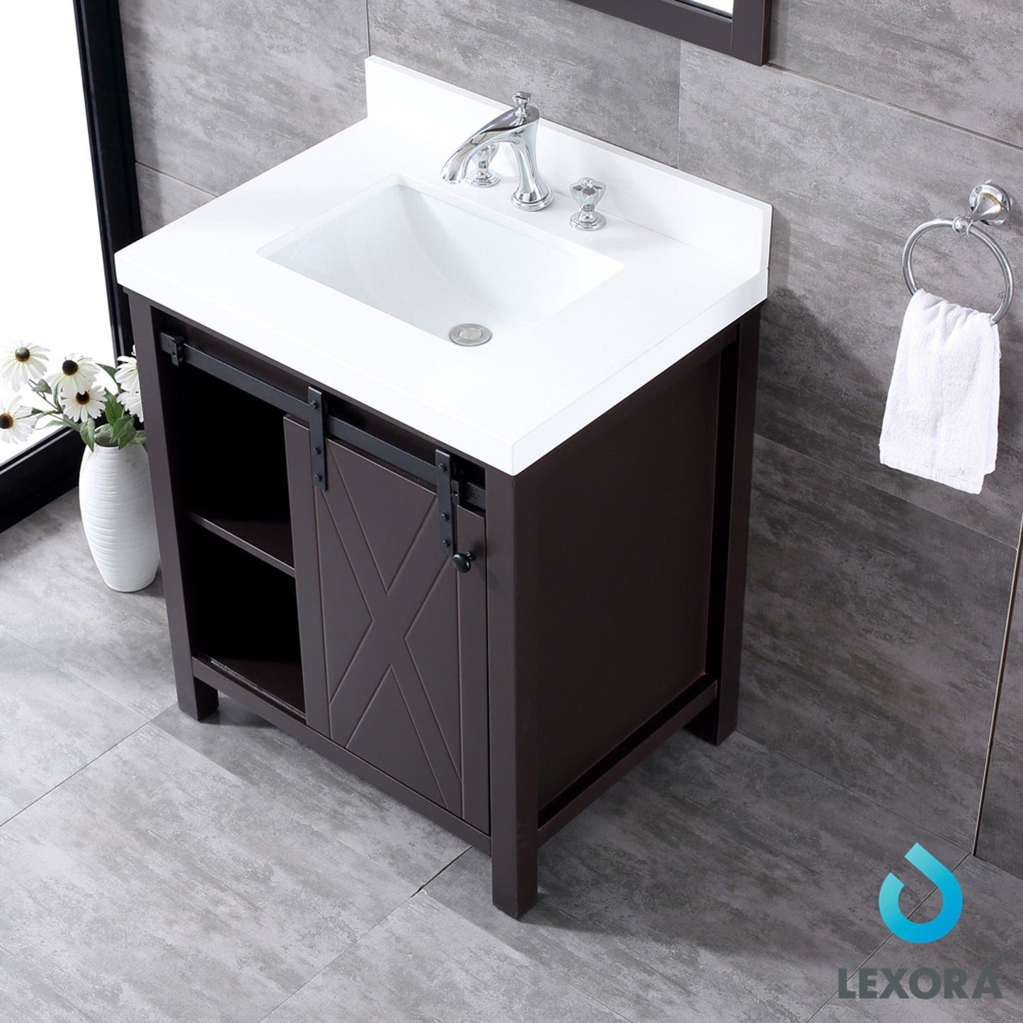 Marsyas 30" Brown Single Vanity, White Quartz Top, White Square Sink and 28" Mirror
