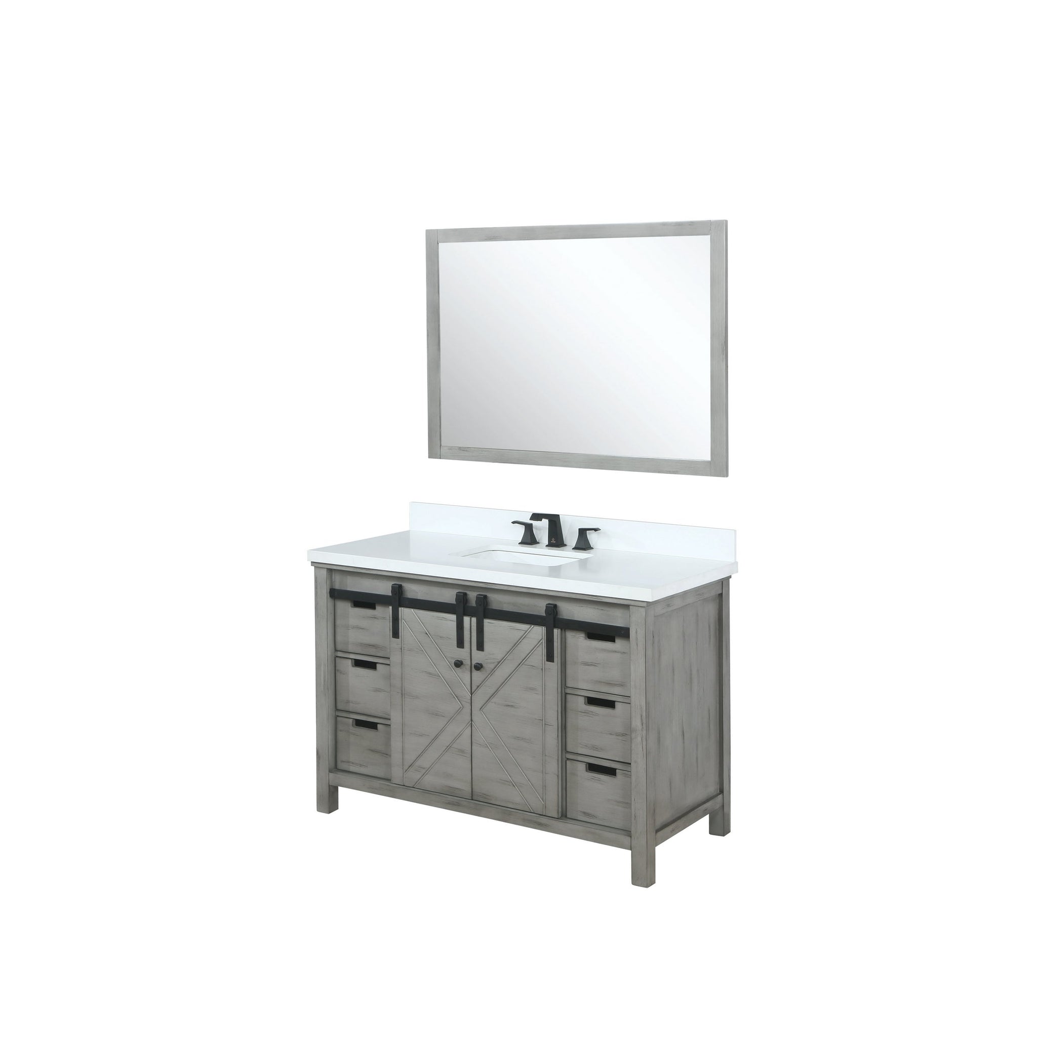 Marsyas 48" Ash Grey Single Vanity, White Quartz Top, White Square Sink and 44" Mirror w/ Faucet