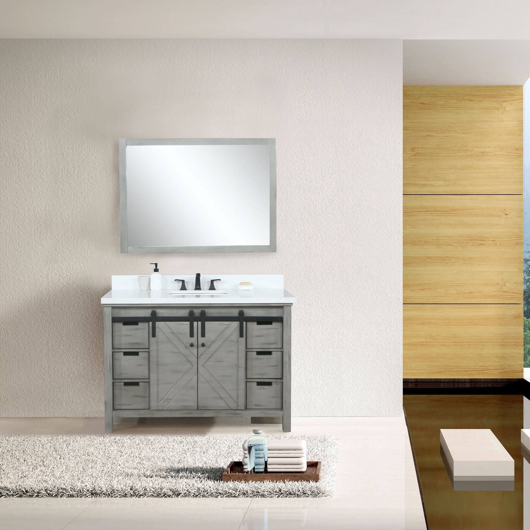 Marsyas 48" Ash Grey Single Vanity, White Quartz Top, White Square Sink and 44" Mirror