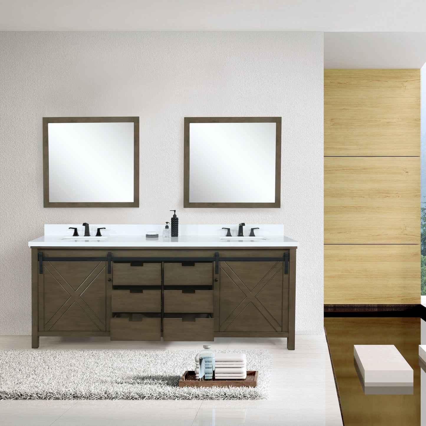 Marsyas 80" Rustic Brown Double Vanity, White Quartz Top, White Square Sinks and 30" Mirrors