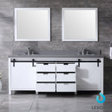 Marsyas 84" White Double Vanity, Grey Quartz Top, White Square Sinks and 34" Mirrors w/ Faucets