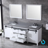 Marsyas 84" White Double Vanity, Grey Quartz Top, White Square Sinks and 34" Mirrors w/ Faucets