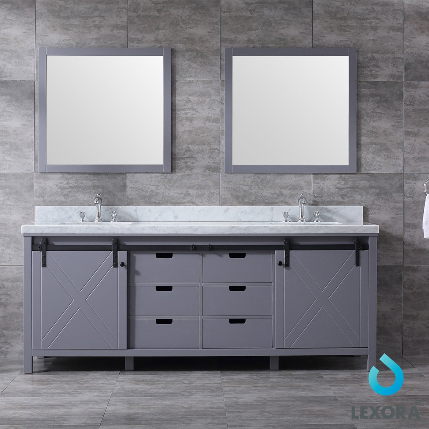 Marsyas 84" Dark Grey Double Vanity, White Carrara Marble Top, White Square Sinks and 34" Mirrors