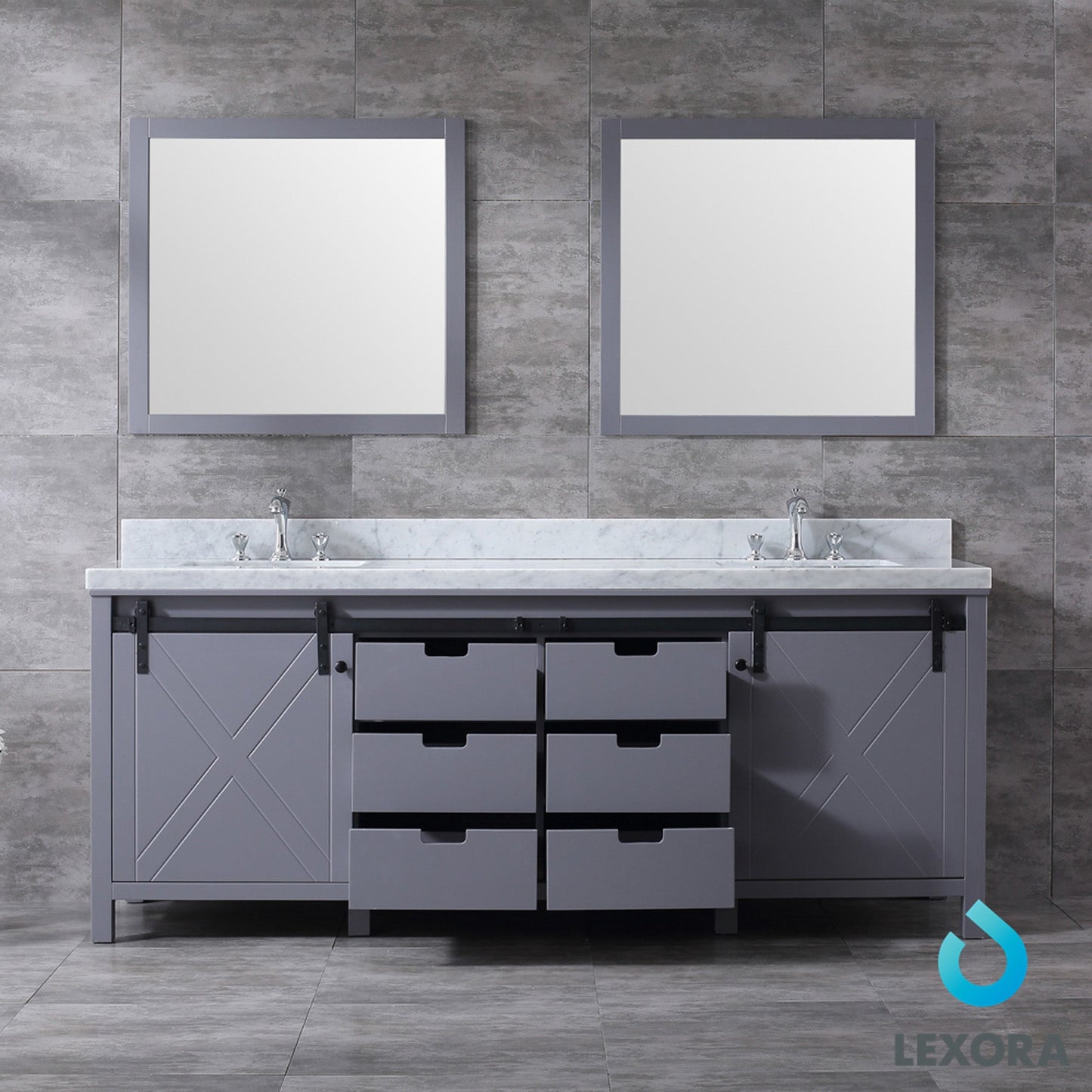 Marsyas 84" Dark Grey Double Vanity, White Carrara Marble Top, White Square Sinks and 34" Mirrors